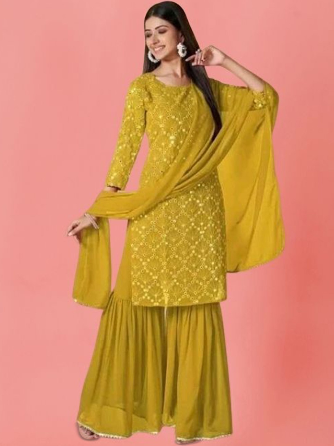 PARROT CREATION Floral Embroidered Georgette Straight Kurta With Sharara & Dupatta, Yellow
PARROT CREATION Floral Embroidered Georgette Straight Kurta With Sharara & Dupatta, Yellow