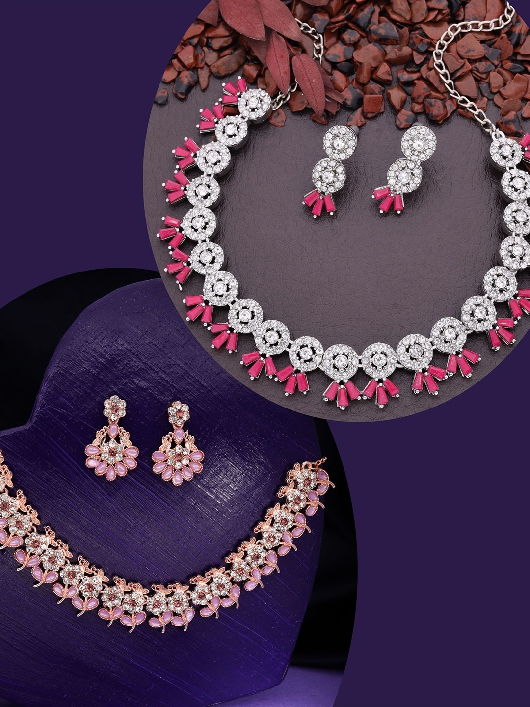 DIVASTRI Set Of 2 Rose Gold-Plated & Silver-Plated American Diamond Studded Jewellery Set
DIVASTRI Set Of 2 Rose Gold-Plated & Silver-Plated American Diamond Studded Jewellery Set