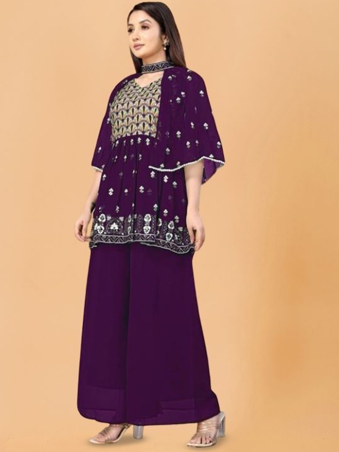 PARROT CREATION Floral Embroidered Pleated Georgette A-Line Kurti with Palazzos & Cape, Purple
PARROT CREATION Floral Embroidered Pleated Georgette A-Line Kurti with Palazzos & Cape, Purple