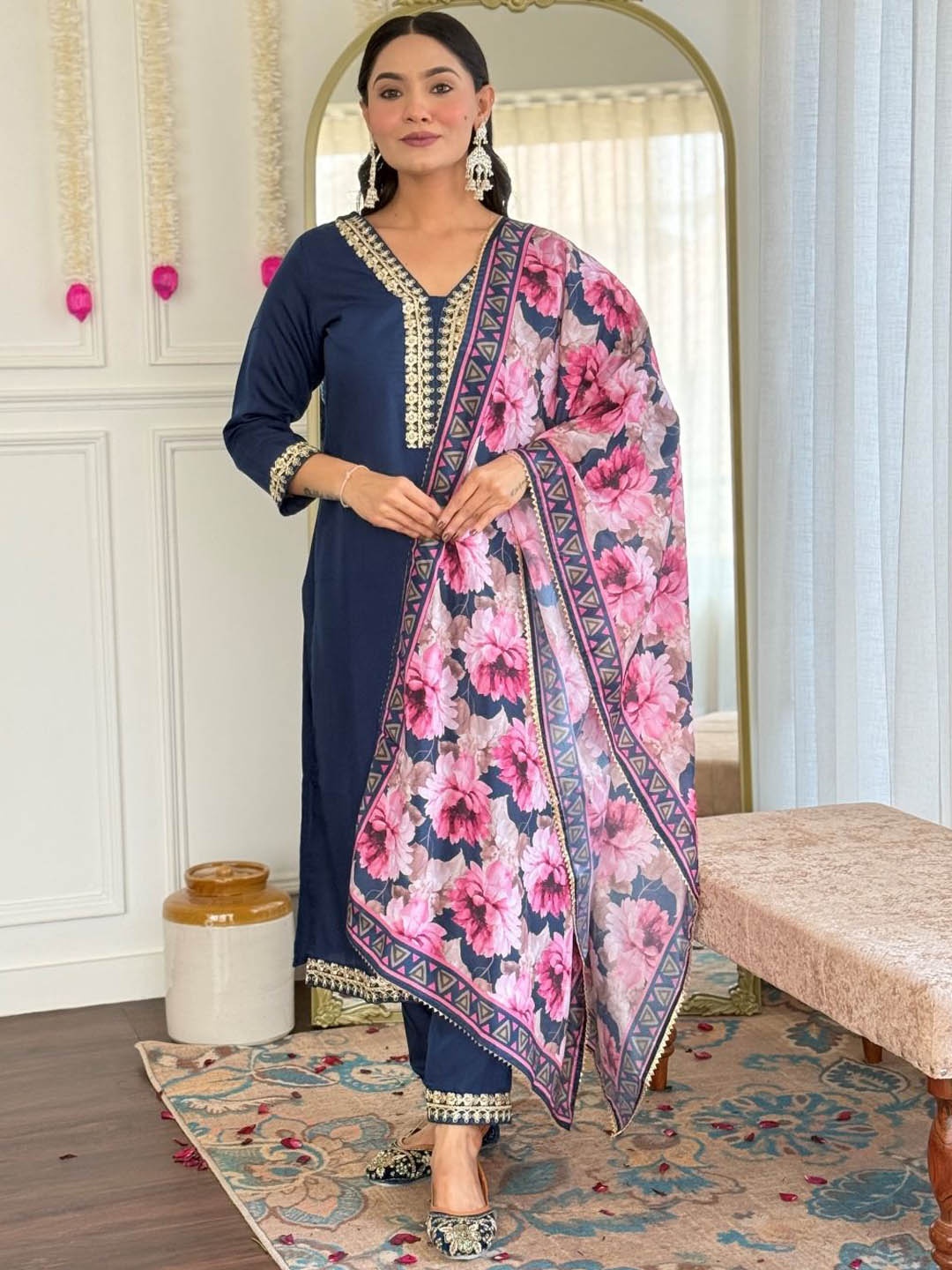 NKV Floral Yoke Design V-Neck Zari Straight Kurta With Trousers & Dupatta, Navy blue
NKV Floral Yoke Design V-Neck Zari Straight Kurta With Trousers & Dupatta, Navy blue