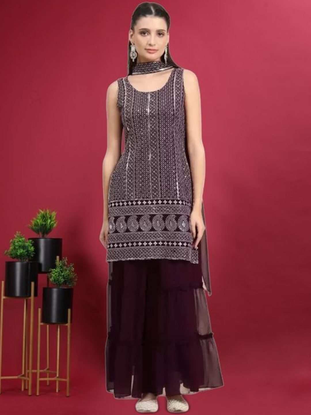 PARROT CREATION Geometric Embroidered Georgette Straight Kurti With Sharara & Dupatta, Burgundy
PARROT CREATION Geometric Embroidered Georgette Straight Kurti With Sharara & Dupatta, Burgundy
