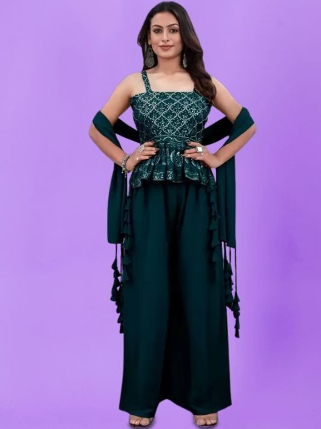 PARROT CREATION Ethnic Motifs Embroidered Georgette A-Line Kurti With Palazzo And Dupatta, Teal
PARROT CREATION Ethnic Motifs Embroidered Georgette A-Line Kurti With Palazzo And Dupatta, Teal