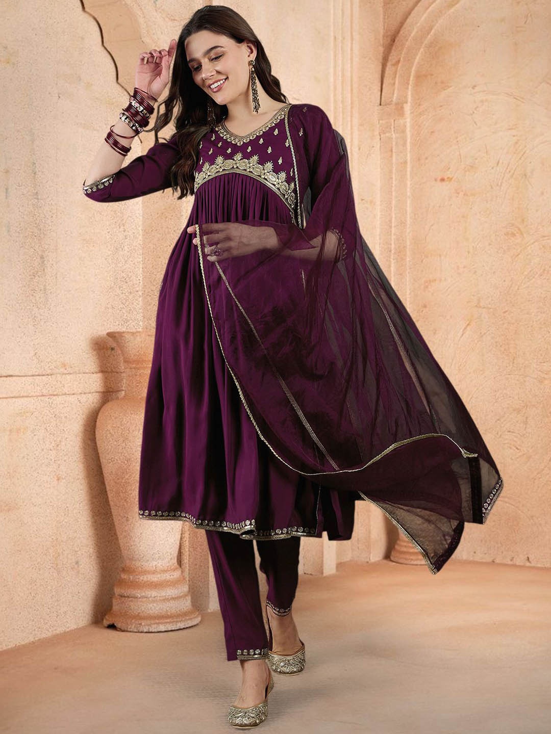 Sangria Floral Embroidered Pleated Sequinned Work A-Line Kurta With Trouser & Duputta, Purple
Sangria Floral Embroidered Pleated Sequinned Work A-Line Kurta With Trouser & Duputta, Purple
