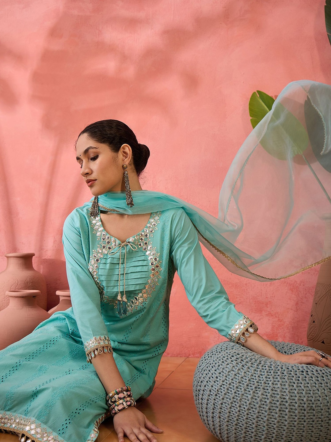 Sangria Embroidered Mirror Work Pure Cotton Straight Kurta With Trouser & Dupatta, Green
Sangria Embroidered Mirror Work Pure Cotton Straight Kurta With Trouser & Dupatta, Green