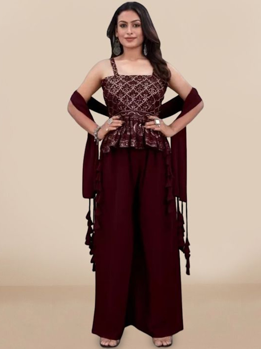 PARROT CREATION Ethnic Motifs Embroidered Georgette A-Line Kurti With Palazzos And Dupatta, Maroon
PARROT CREATION Ethnic Motifs Embroidered Georgette A-Line Kurti With Palazzos And Dupatta, Maroon