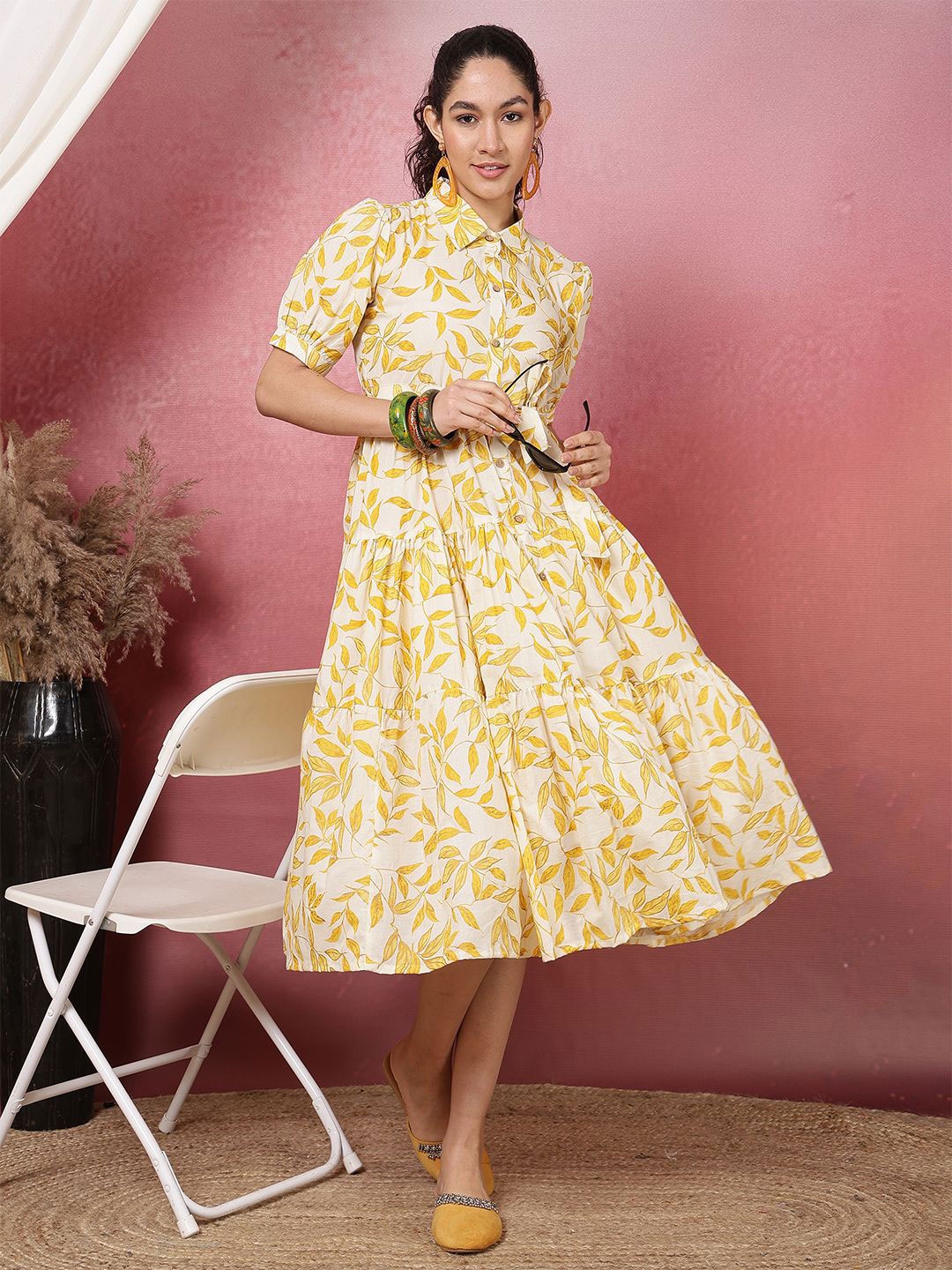 KALINI Women Floral Printed Shirt Collar Puff Sleeves Cotton Shirt Midi Dress, Yellow
KALINI Women Floral Printed Shirt Collar Puff Sleeves Cotton Shirt Midi Dress, Yellow