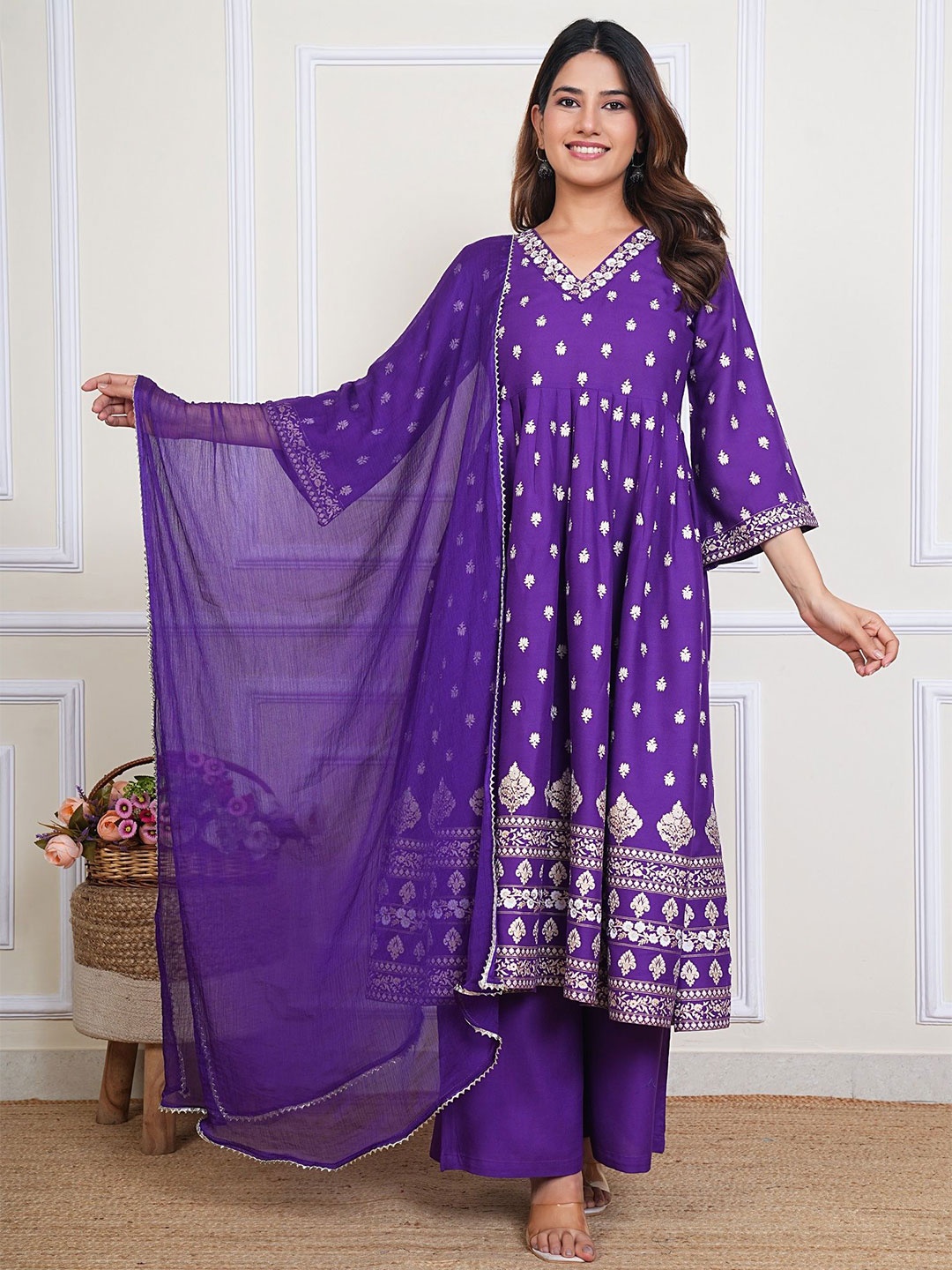 MARISY Floral Printed Empire V-Neck Anarkali Kurta With Palazzos & Dupatta, Purple
MARISY Floral Printed Empire V-Neck Anarkali Kurta With Palazzos & Dupatta, Purple