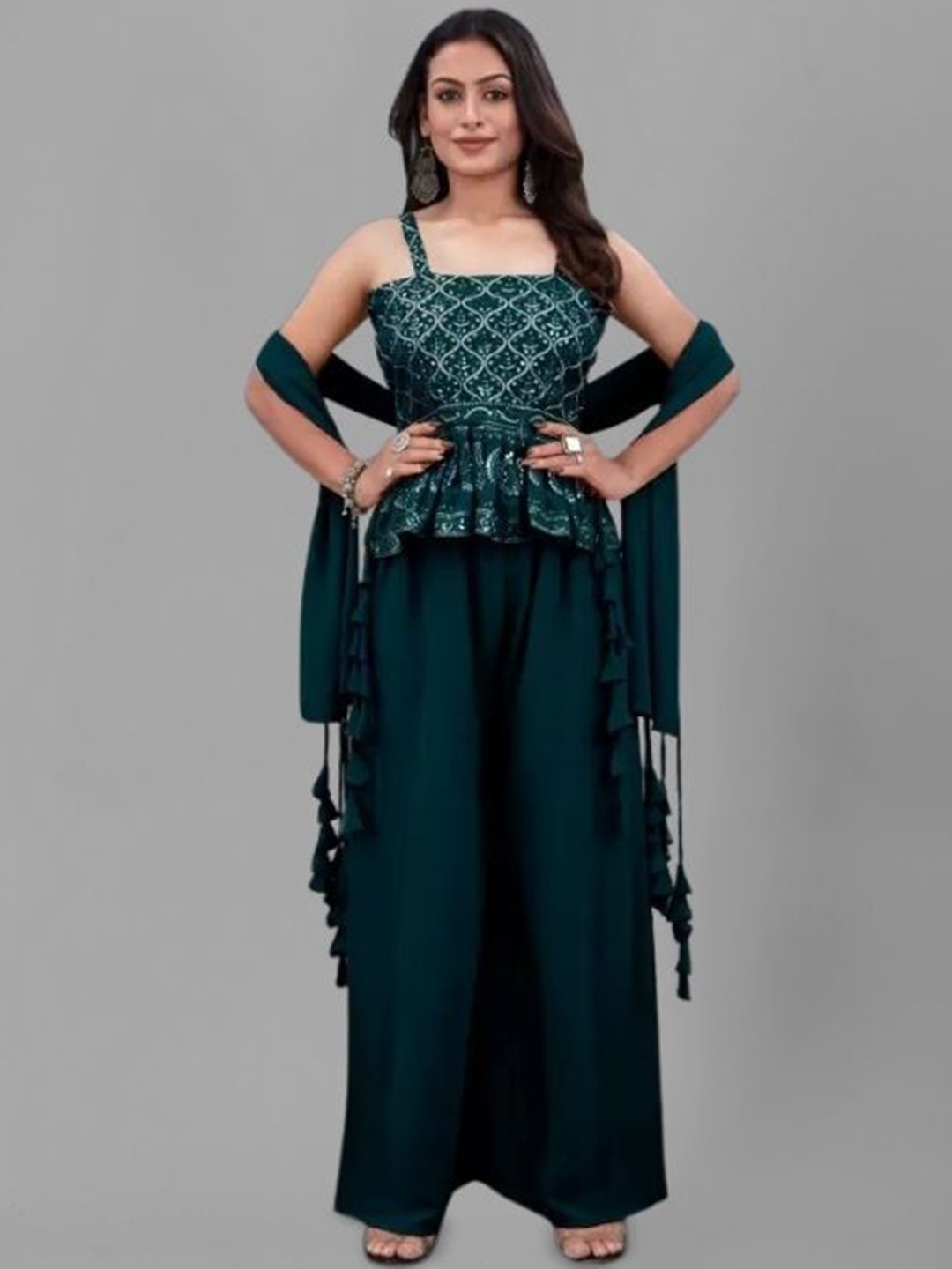 PARROT CREATION Floral Embroidered Sequinned Georgette Kurti With Sharara And Dupatta, Green
PARROT CREATION Floral Embroidered Sequinned Georgette Kurti With Sharara And Dupatta, Green