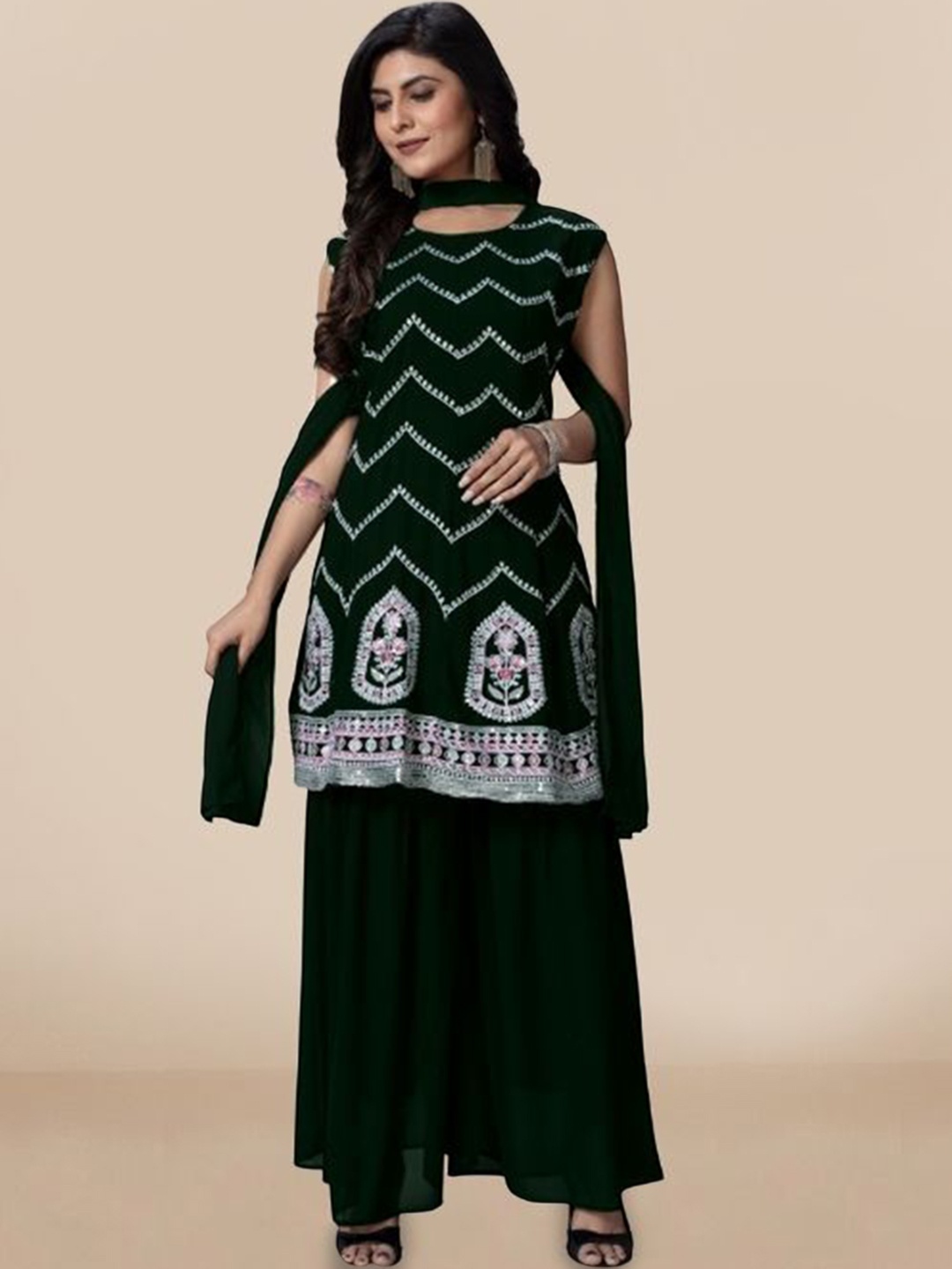 PARROT CREATION Chevron Embroidered Georgette A-Line Kurti With Palazzo And Dupatta, Green
PARROT CREATION Chevron Embroidered Georgette A-Line Kurti With Palazzo And Dupatta, Green