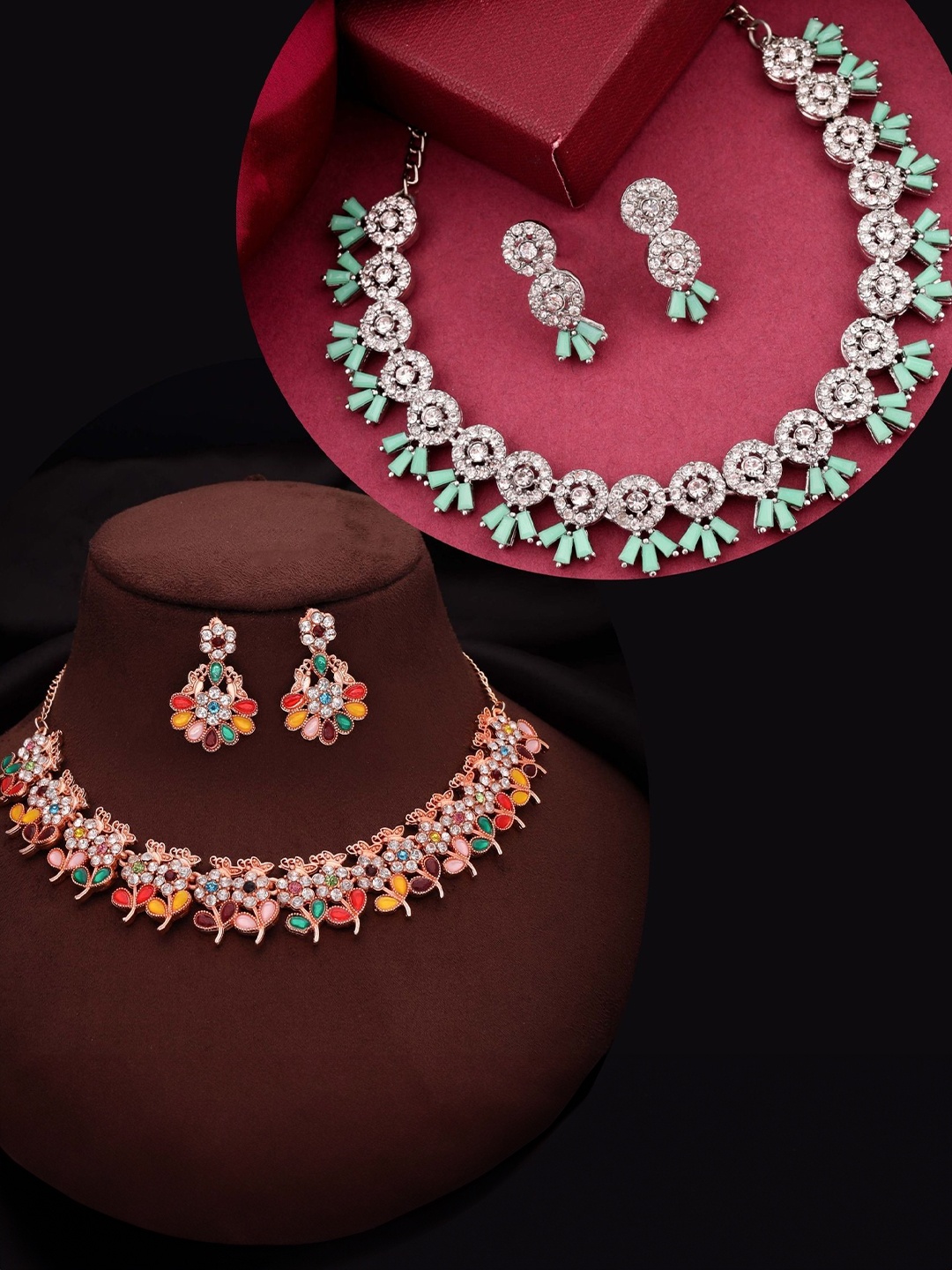 DIVASTRI Set Of 2 Gold & Silver Plated Artificial Stones Studded Necklace With Earrings
DIVASTRI Set Of 2 Gold & Silver Plated Artificial Stones Studded Necklace With Earrings