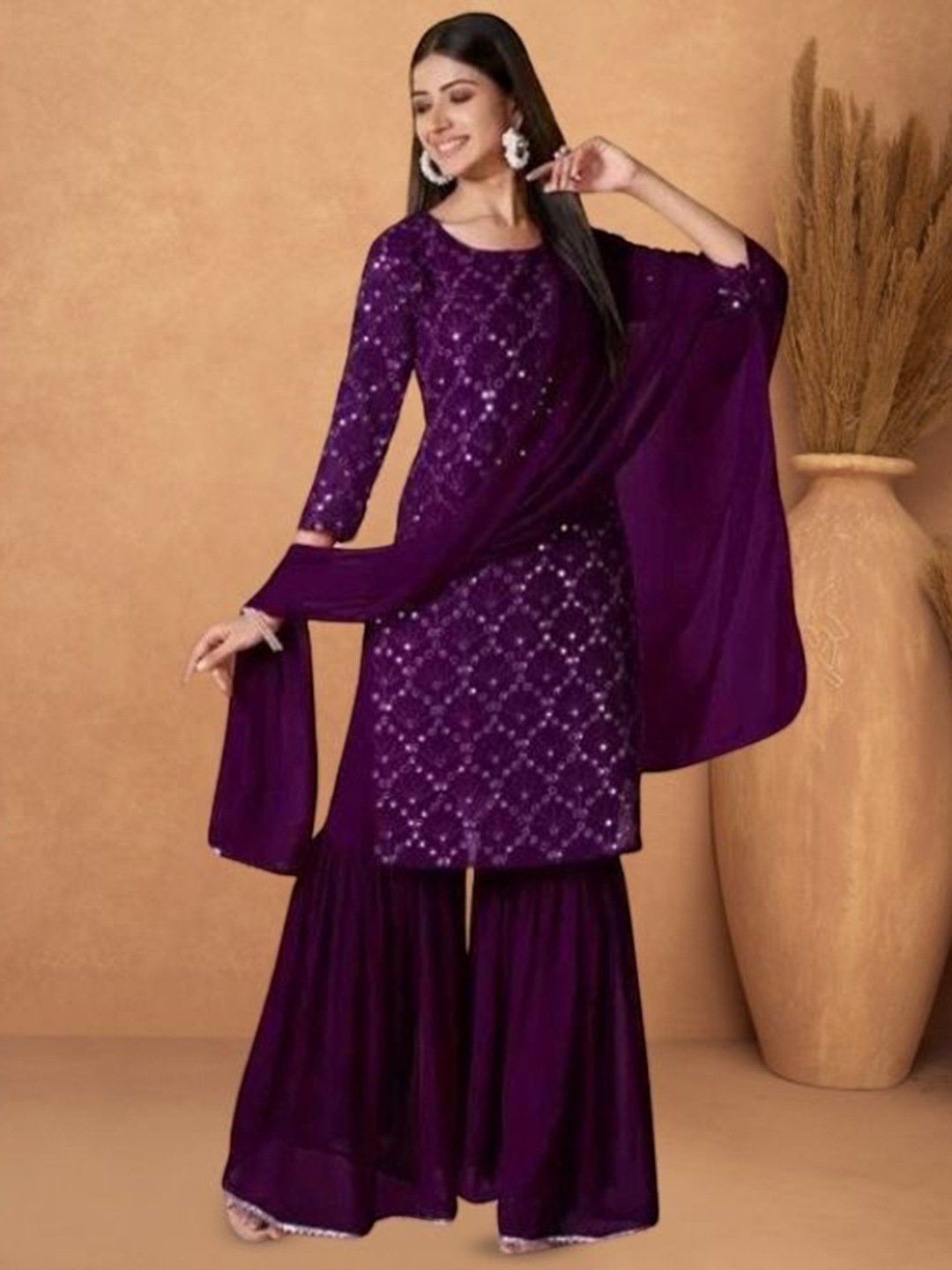 PARROT CREATION Floral Embroidered Sequinned Georgette Kurta With Sharara & Dupatta, Purple
PARROT CREATION Floral Embroidered Sequinned Georgette Kurta With Sharara & Dupatta, Purple