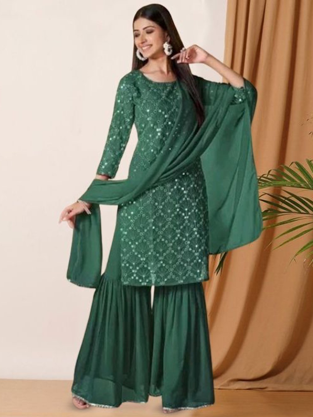 PARROT CREATION Geometric Embroidered Georgette Straight Kurta With Sharara & Dupatta, Green
PARROT CREATION Geometric Embroidered Georgette Straight Kurta With Sharara & Dupatta, Green