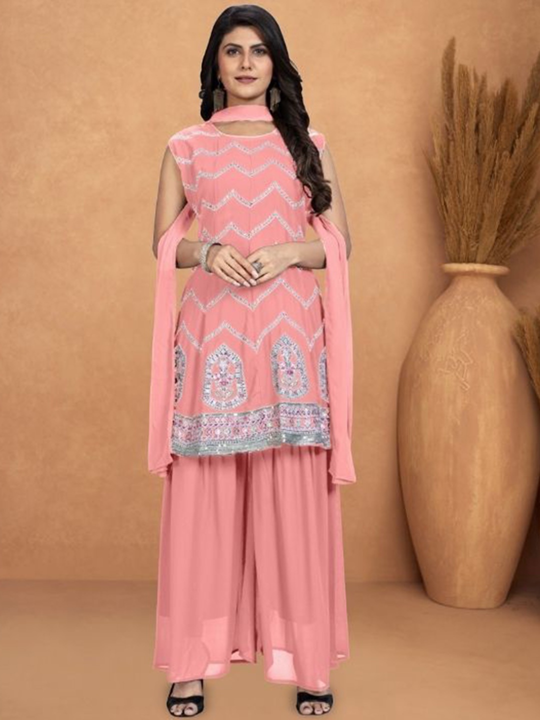 PARROT CREATION Floral Embroidered Sequinned Georgette A-Line Kurti With Sharara & Dupatta, Pink
PARROT CREATION Floral Embroidered Sequinned Georgette A-Line Kurti With Sharara & Dupatta, Pink