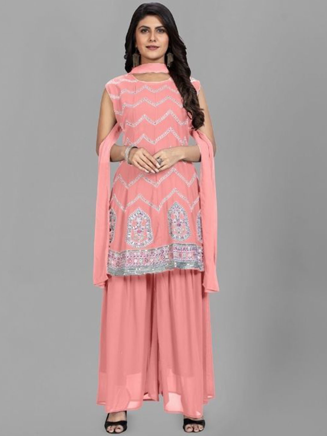 PARROT CREATION Floral Embroidered Georgette Straight Kurti With Palazzos And Dupatta, Pink
PARROT CREATION Floral Embroidered Georgette Straight Kurti With Palazzos And Dupatta, Pink