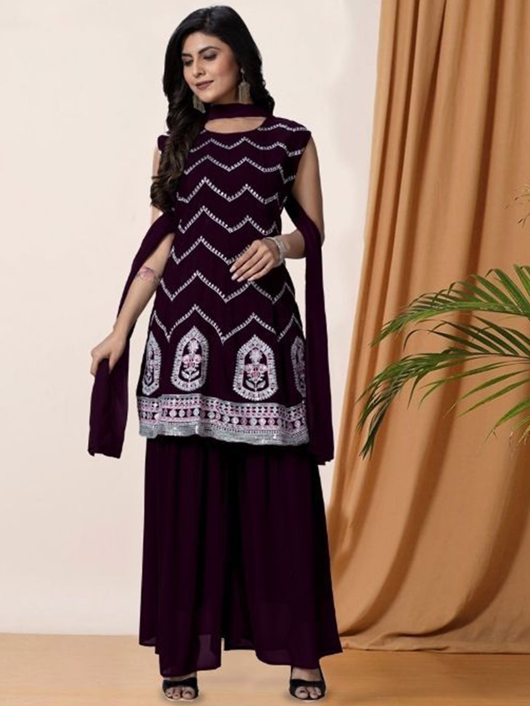 PARROT CREATION Chevron Embroidered Georgette A-Line Kurti With Palazzo And Dupatta, Burgundy
PARROT CREATION Chevron Embroidered Georgette A-Line Kurti With Palazzo And Dupatta, Burgundy