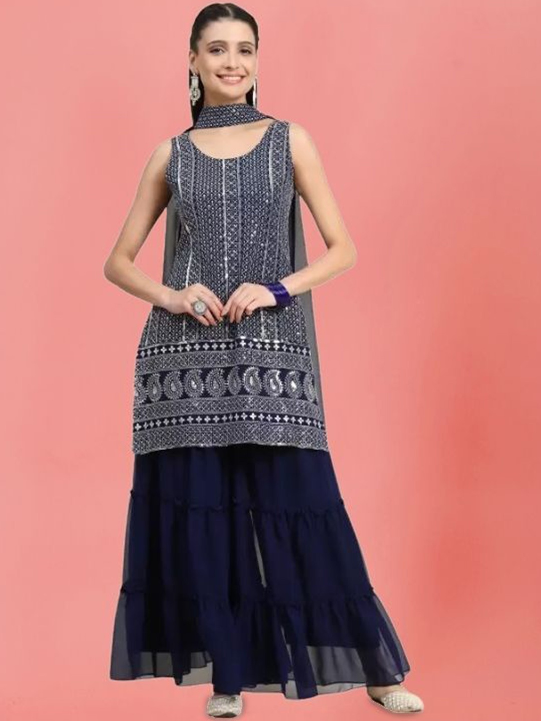 PARROT CREATION Geometric Embroidered Georgette Straight Kurta With Sharara & Dupatta, Navy blue
PARROT CREATION Geometric Embroidered Georgette Straight Kurta With Sharara & Dupatta, Navy blue