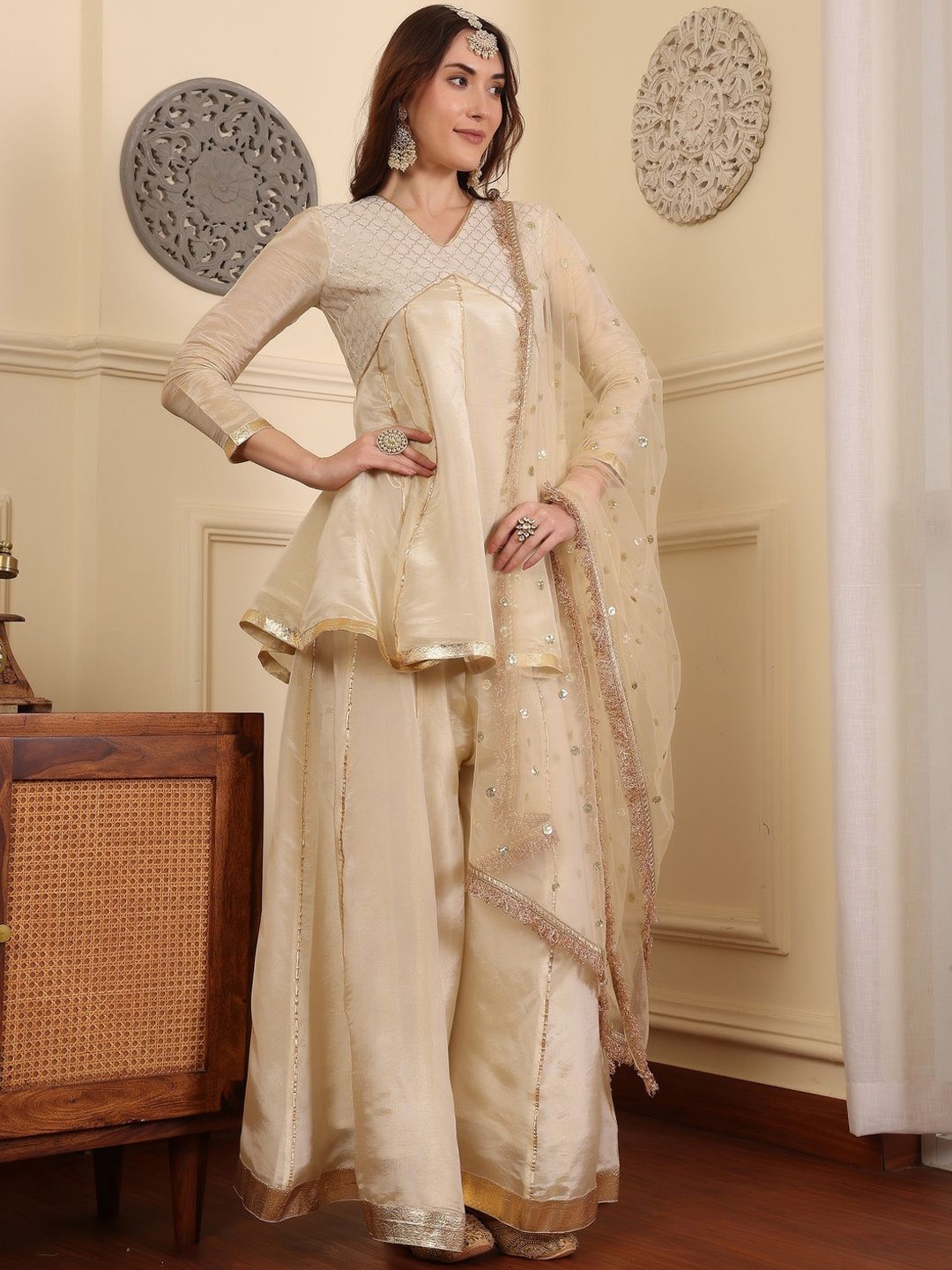 ADORNIA Ethnic Motifs Yoke Design V Neck Tissue Empire Kurti With Palazzos & Dupatta, Beige
ADORNIA Ethnic Motifs Yoke Design V Neck Tissue Empire Kurti With Palazzos & Dupatta, Beige