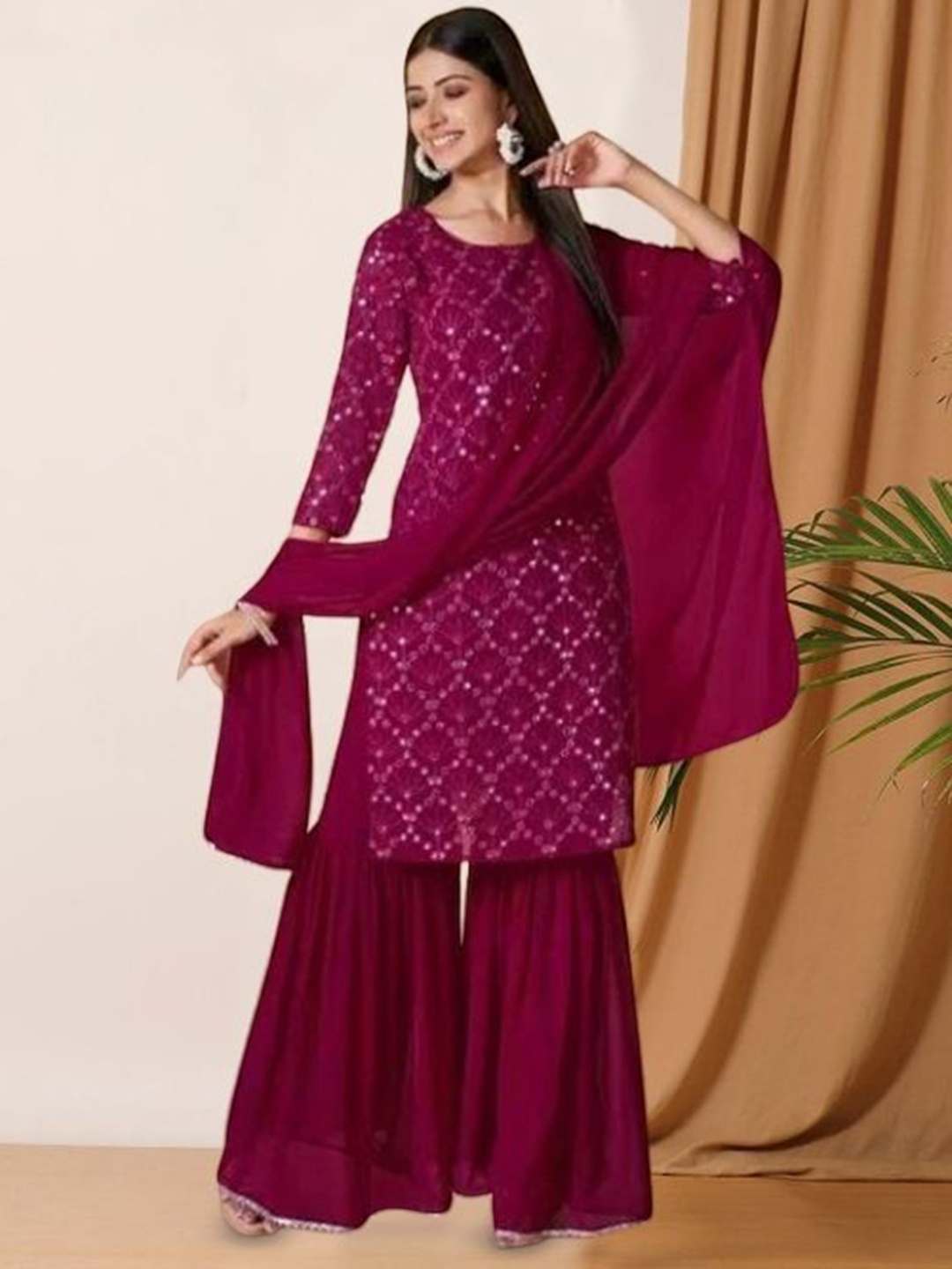 PARROT CREATION Geometric Embroidered Georgette Straight Kurta With Sharara & Dupatta, Pink
PARROT CREATION Geometric Embroidered Georgette Straight Kurta With Sharara & Dupatta, Pink