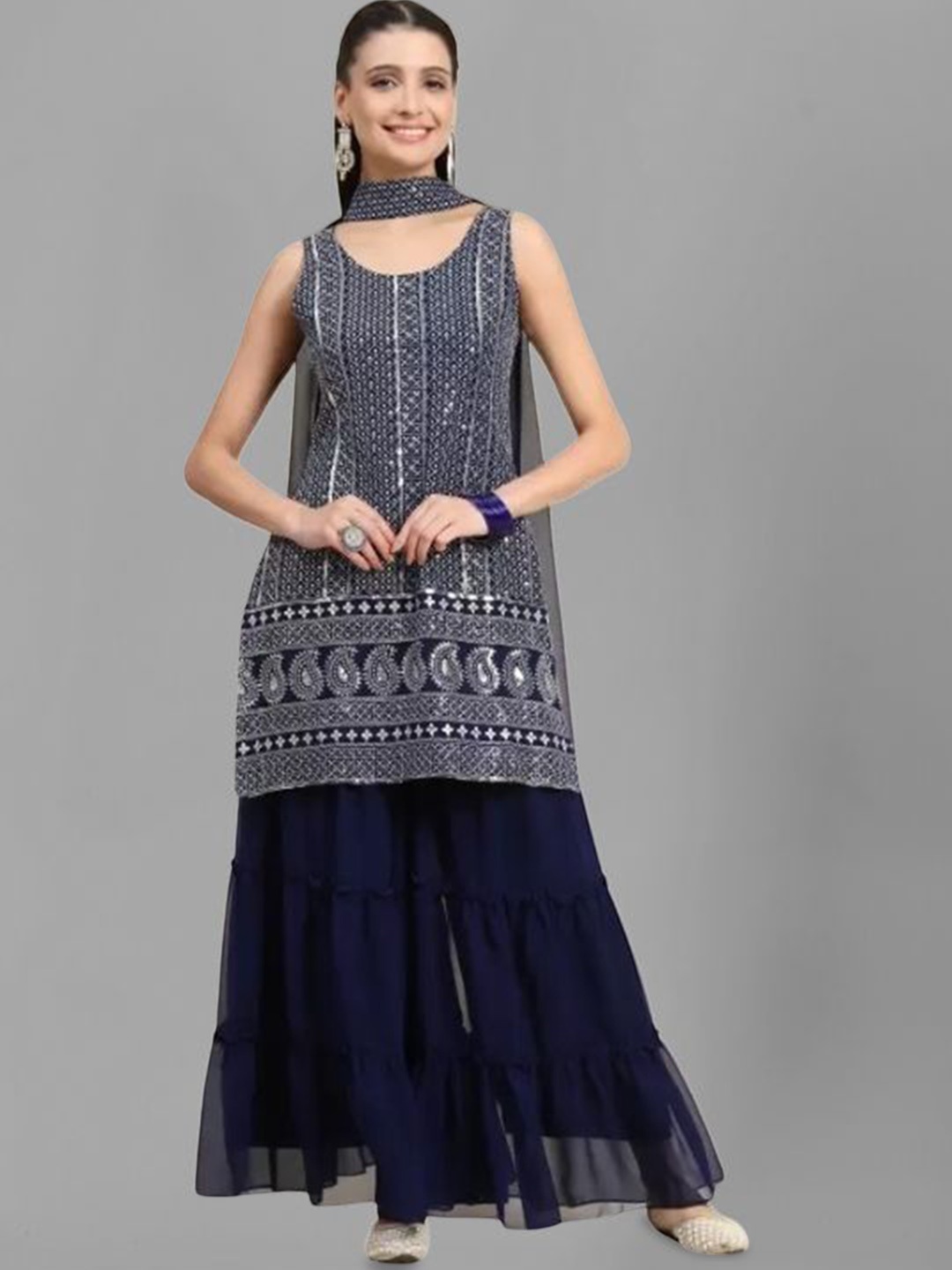 PARROT CREATION Geometric Embroidered Georgette Straight Kurti With Sharara & Dupatta, Navy blue
PARROT CREATION Geometric Embroidered Georgette Straight Kurti With Sharara & Dupatta, Navy blue
