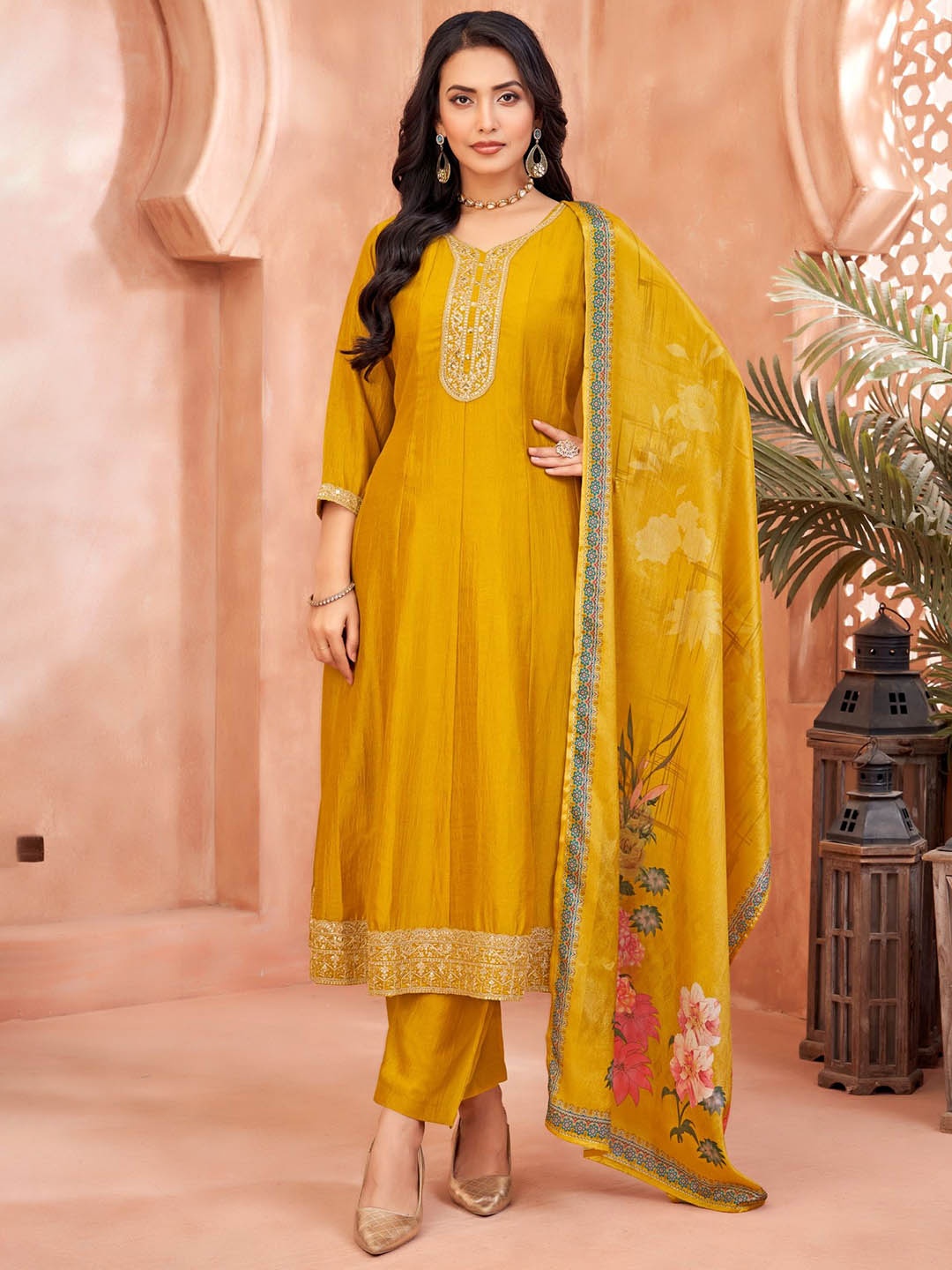 FABZOO Floral Embroidered V-Neck Sequined Work Anarkali Kurta With Trouser And Dupatta, Mustard
FABZOO Floral Embroidered V-Neck Sequined Work Anarkali Kurta With Trouser And Dupatta, Mustard