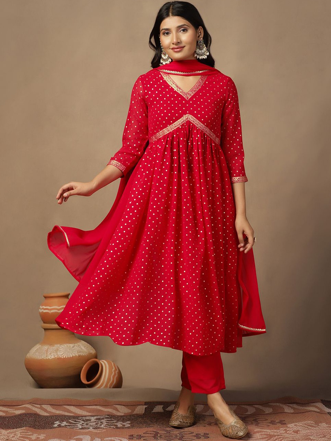 Sangria Polka Dot Printed Empire V-Neck Georgette Anarkali Kurta With Trouser And Dupatta, Red
Sangria Polka Dot Printed Empire V-Neck Georgette Anarkali Kurta With Trouser And Dupatta, Red