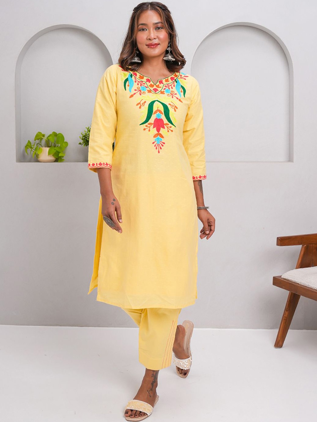 Label Ishnya Ethnic Motifs Printed Notch Neck Pure Cotton Kurta With Trousers, Yellow
Label Ishnya Ethnic Motifs Printed Notch Neck Pure Cotton Kurta With Trousers, Yellow