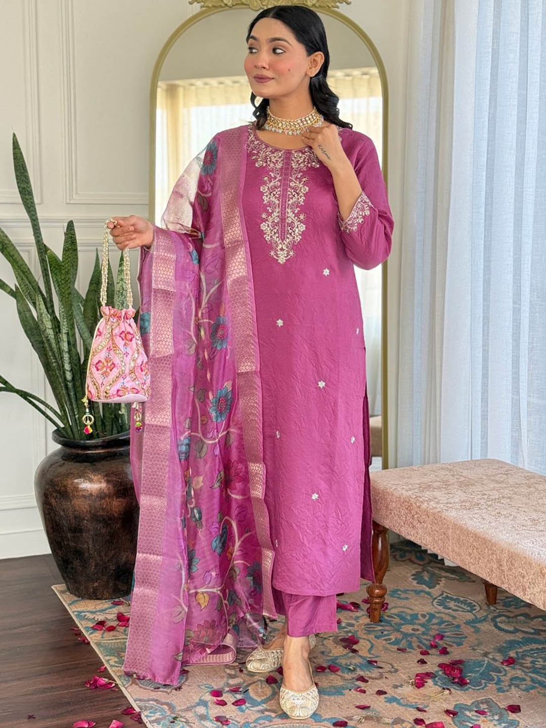 KAUTIK FABRICS Floral Embroidered Chanderi Silk Kurta With Trousers And Dupatta, Pink
KAUTIK FABRICS Floral Embroidered Chanderi Silk Kurta With Trousers And Dupatta, Pink