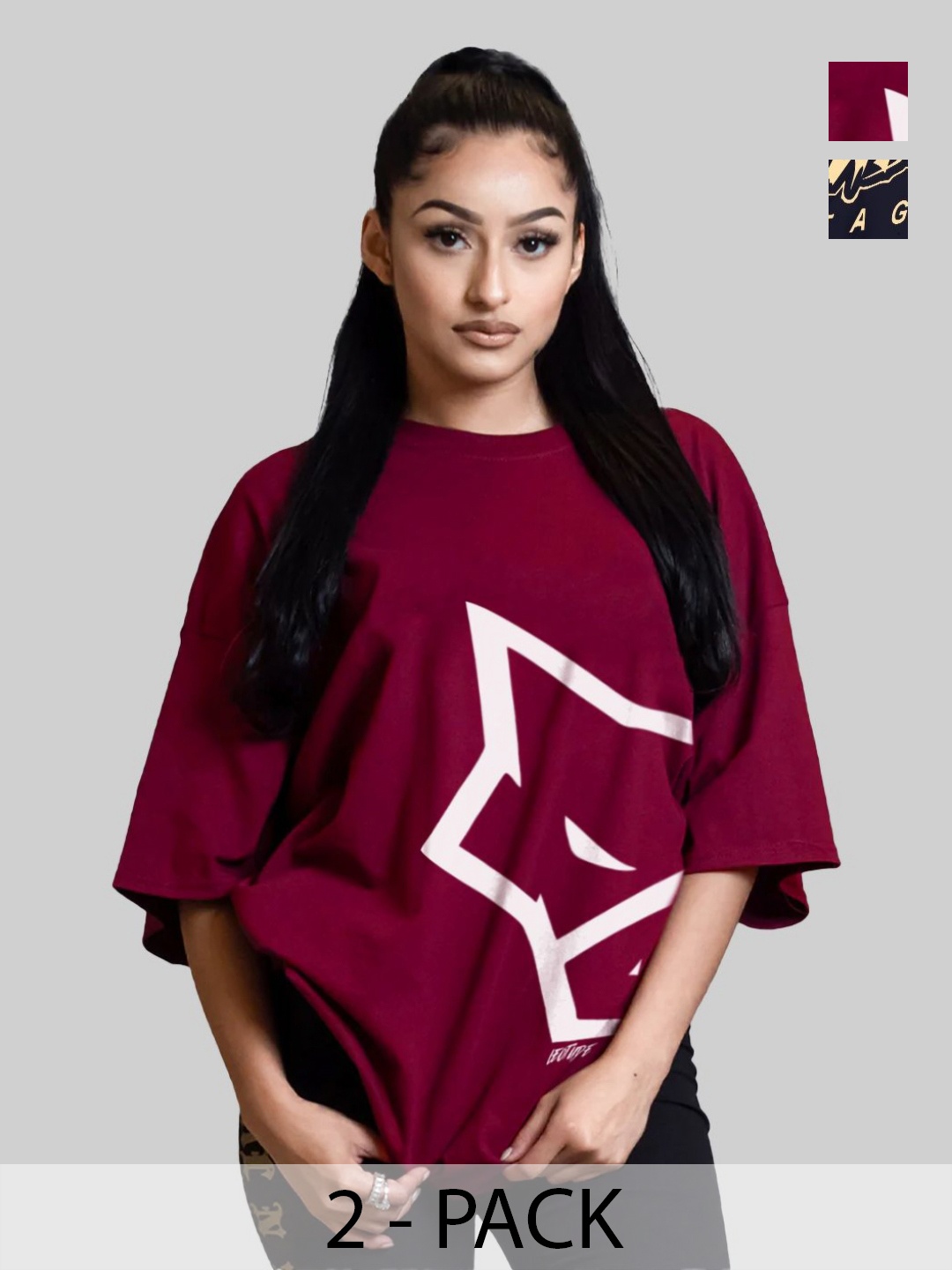 Leotude Women Pack Of 2 Typography Printed Round Neck Cotton Oversized T-shirts, Burgundy
Leotude Women Pack Of 2 Typography Printed Round Neck Cotton Oversized T-shirts, Burgundy