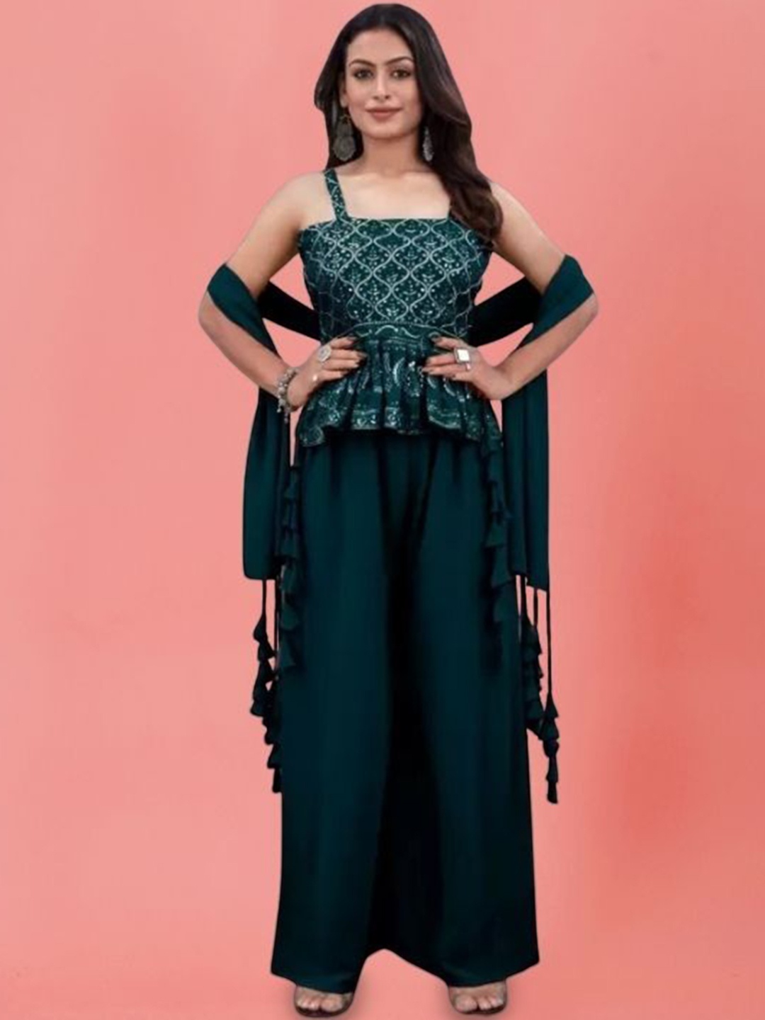 PARROT CREATION Floral Embroidered Georgette Shoulder Straps Kurti With Palazzos & Dupatta, Turquoise blue
PARROT CREATION Floral Embroidered Georgette Shoulder Straps Kurti With Palazzos & Dupatta, Turquoise blue