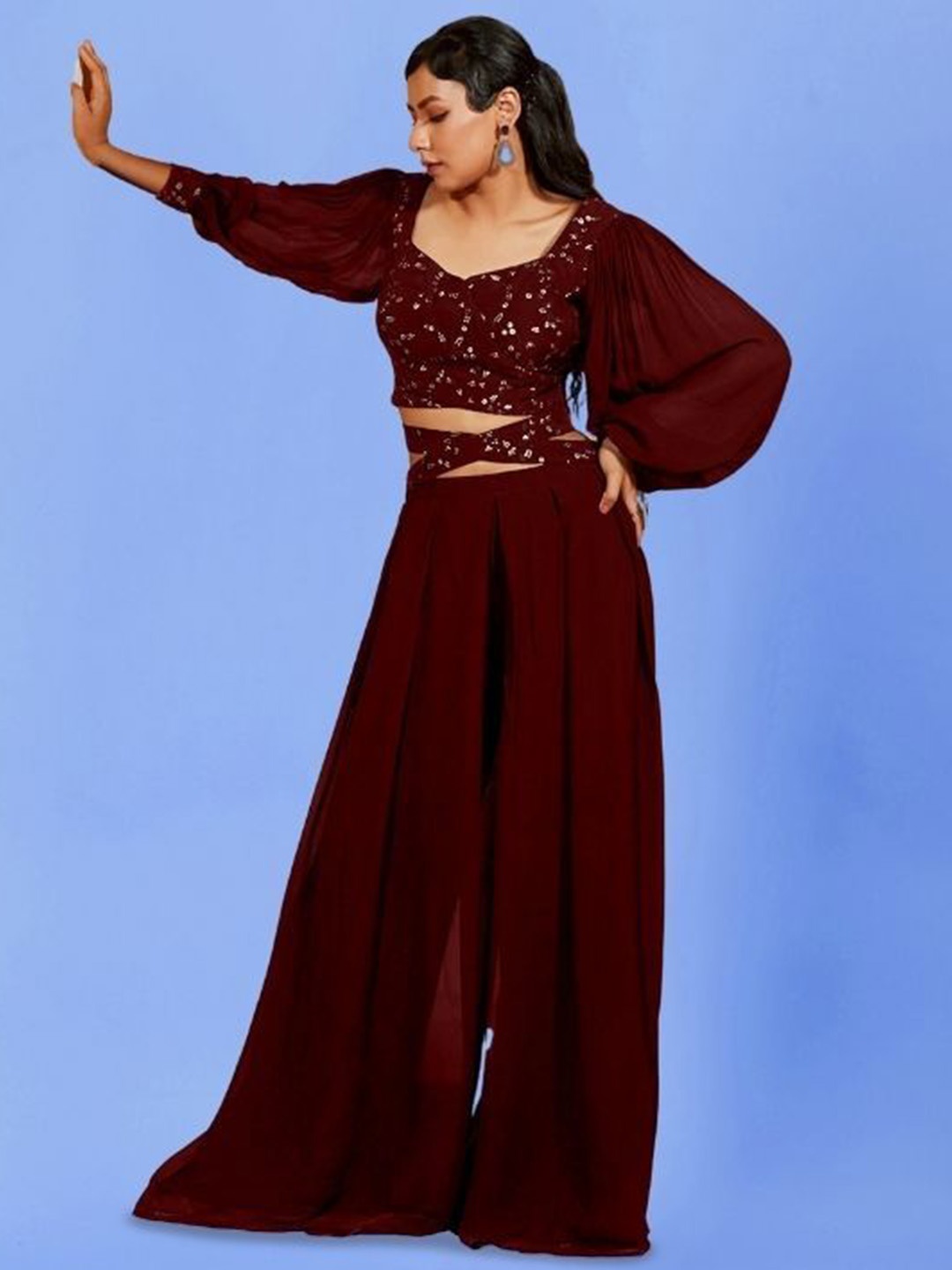 PARROT CREATION Floral Embroidered Sweetheart Neck Crop Top With Palazzo, Maroon
PARROT CREATION Floral Embroidered Sweetheart Neck Crop Top With Palazzo, Maroon