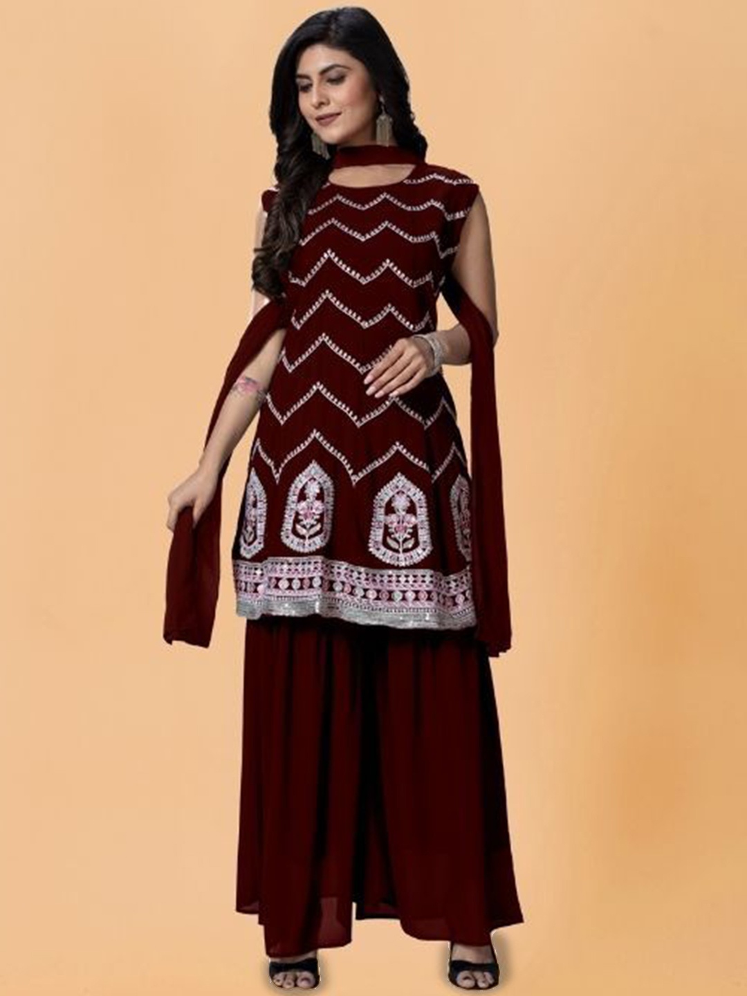 PARROT CREATION Floral Embroidered Georgette Straight Kurti With Palazzos And Dupatta, Maroon
PARROT CREATION Floral Embroidered Georgette Straight Kurti With Palazzos And Dupatta, Maroon