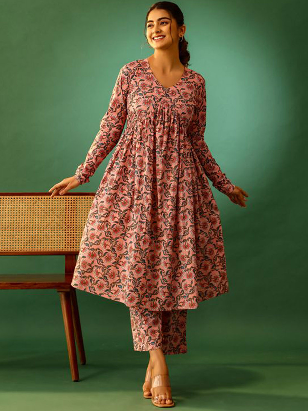 Vivika Floral Printed Empire V-Neck Pure Cotton A-Line Kurta With Trousers, Pink 
Vivika Floral Printed Empire V-Neck Pure Cotton A-Line Kurta With Trousers, Pink