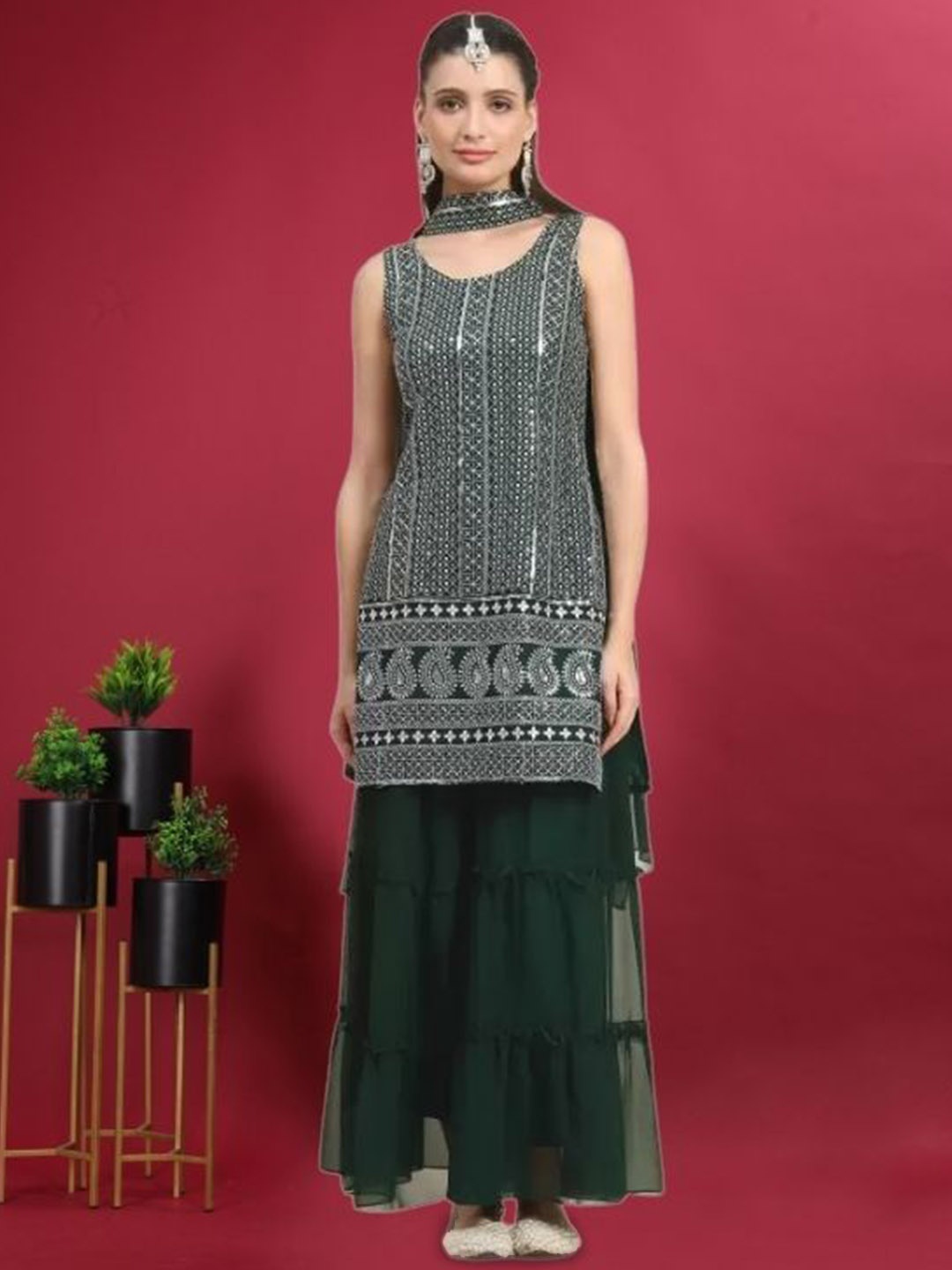 PARROT CREATION Geometric Embroidered Georgette Straight Kurti With Sharara And Dupatta, Green
PARROT CREATION Geometric Embroidered Georgette Straight Kurti With Sharara And Dupatta, Green