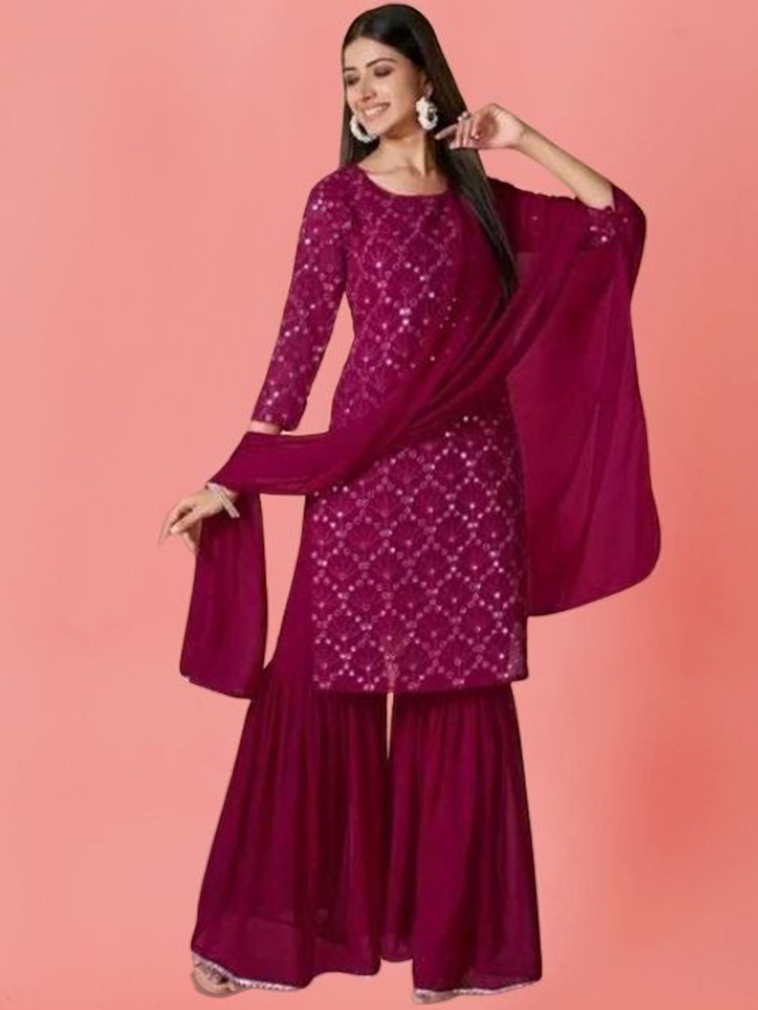 PARROT CREATION Geometric Embroidered Sequinned Georgette Kurta with Sharara And Dupatta, Pink
PARROT CREATION Geometric Embroidered Sequinned Georgette Kurta with Sharara And Dupatta, Pink