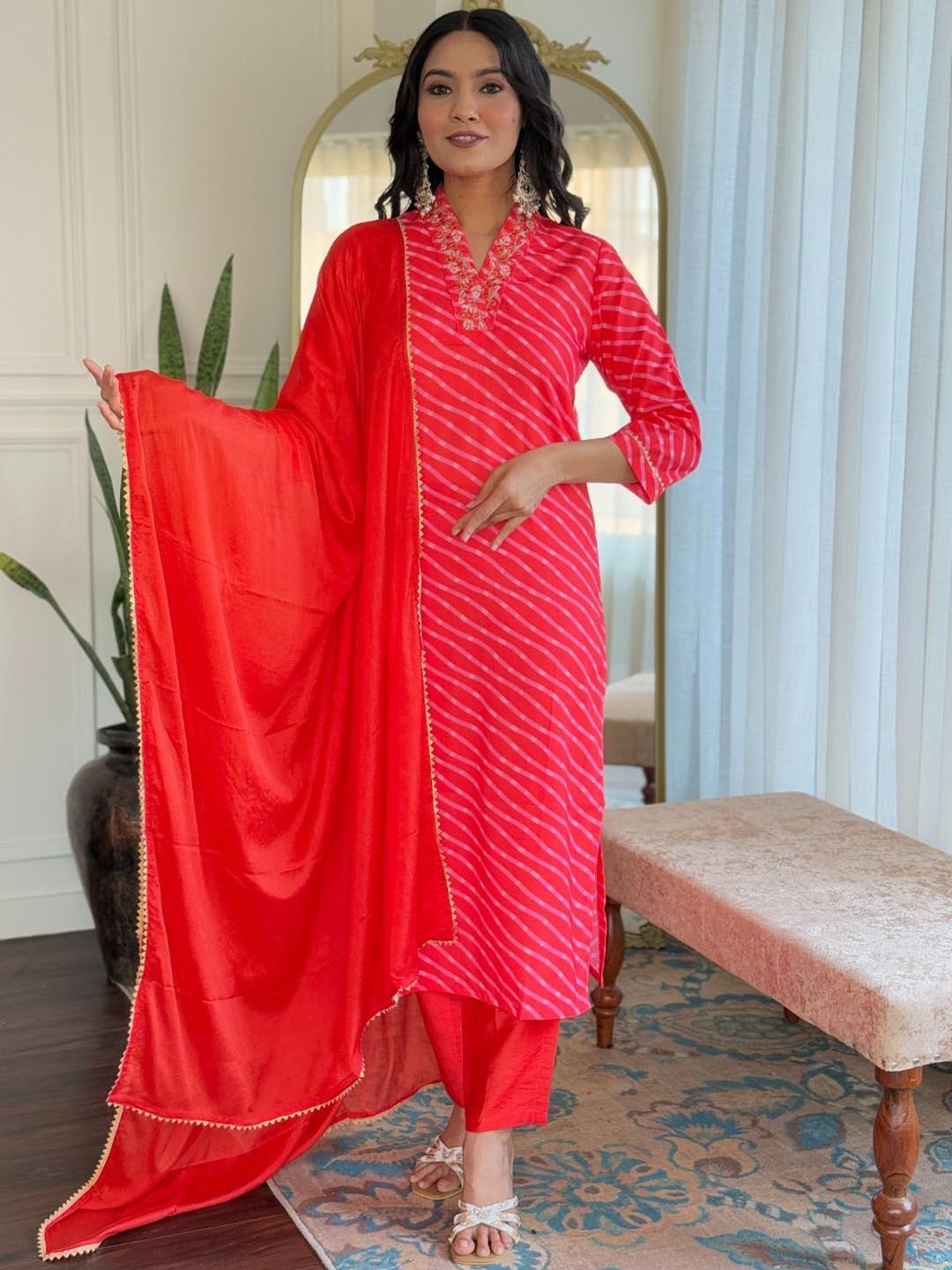 Lilots Leheriya Printed Thread Work Pure Silk Straight Kurta with Trouser & Dupatta, Orange
Lilots Leheriya Printed Thread Work Pure Silk Straight Kurta with Trouser & Dupatta, Orange