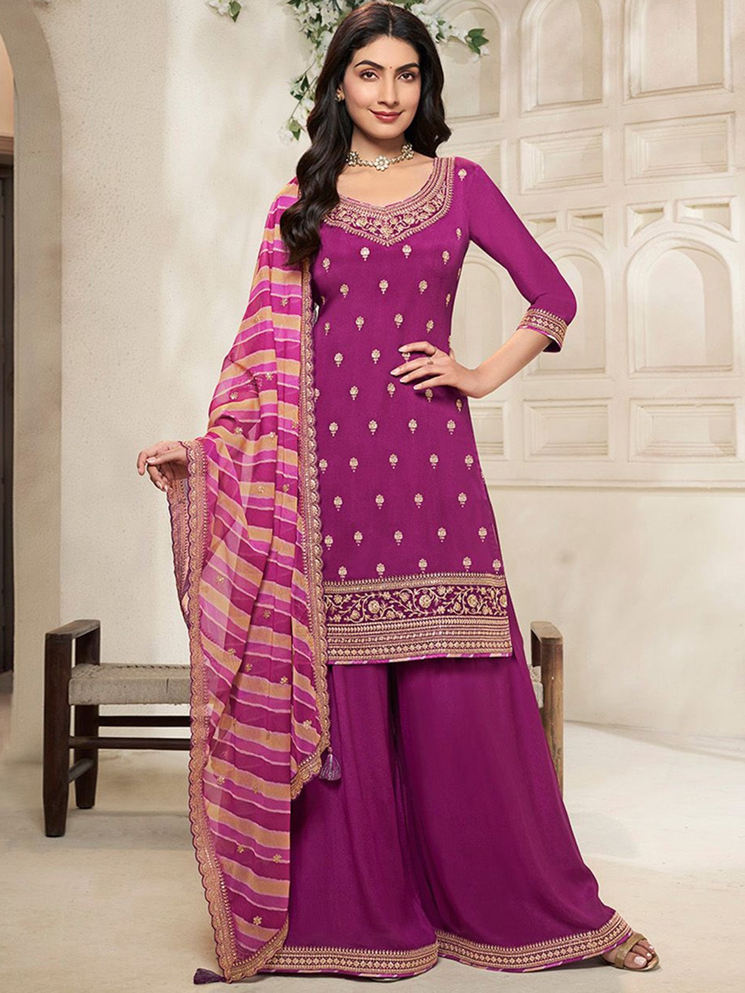 Seerat Floral Embroidered Silk Chiffon Straight Kurti With Sharara & Dupatta, Magenta
Seerat Floral Embroidered Silk Chiffon Straight Kurti With Sharara & Dupatta, Magenta