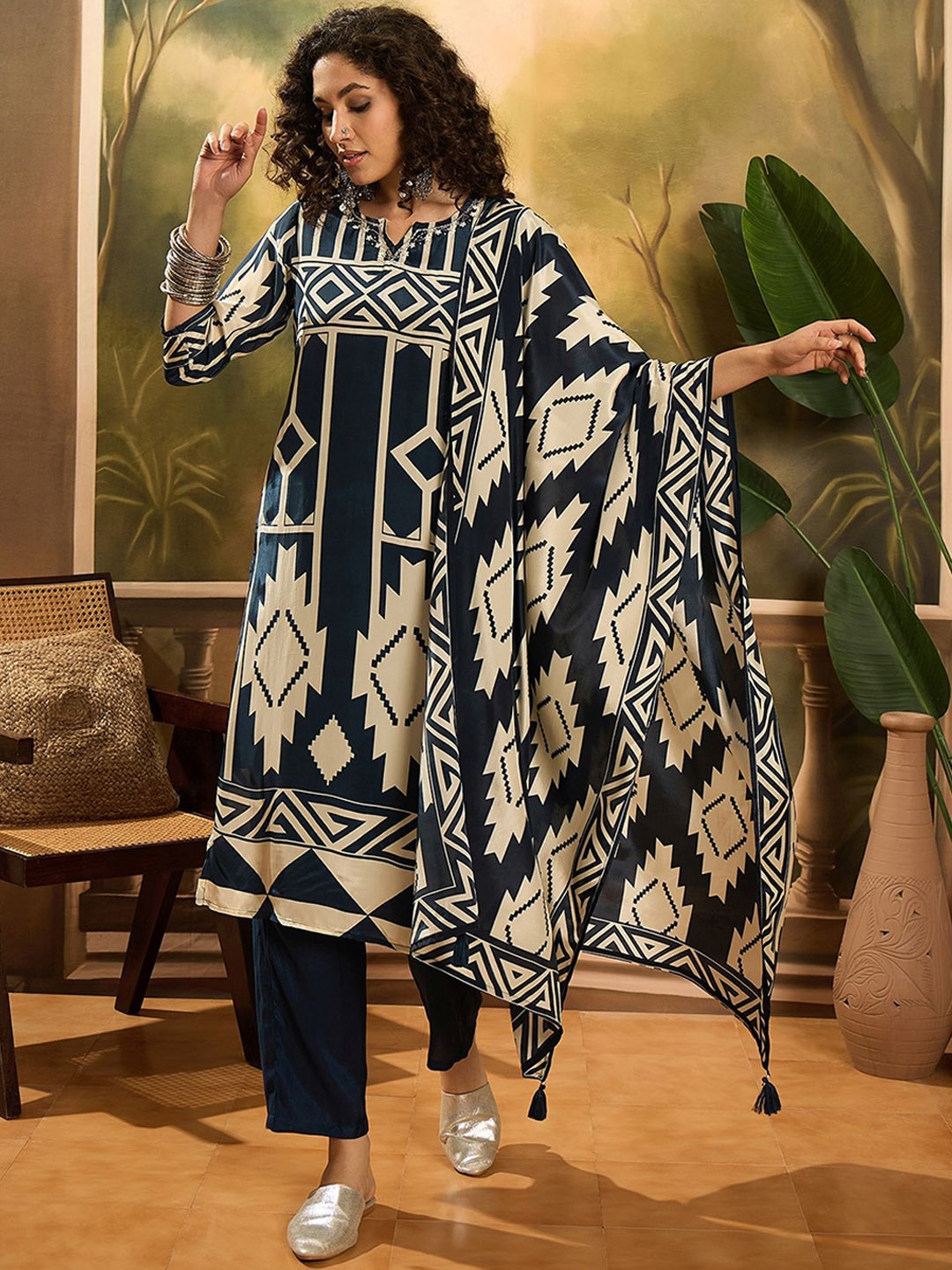 Sangria Geometric Printed Notch Neck Straight Kurta With Trousers & Dupatta, Teal
Sangria Geometric Printed Notch Neck Straight Kurta With Trousers & Dupatta, Teal