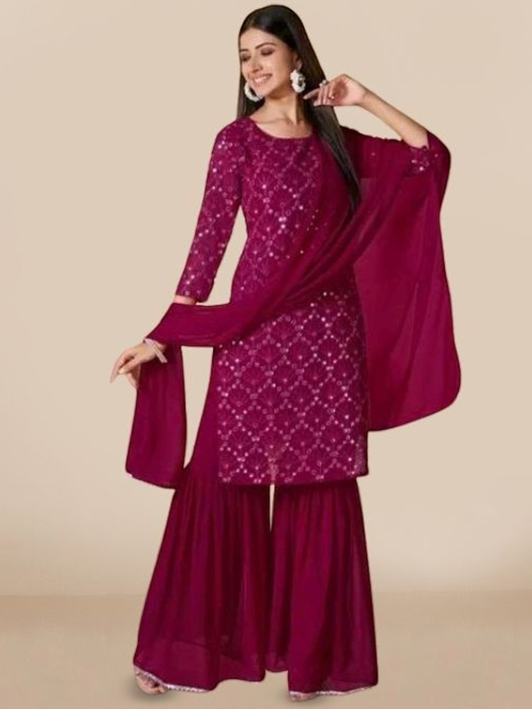 PARROT CREATION Geometric Embroidered Georgette Straight Kurta With Sharara And Dupatta, Pink
PARROT CREATION Geometric Embroidered Georgette Straight Kurta With Sharara And Dupatta, Pink