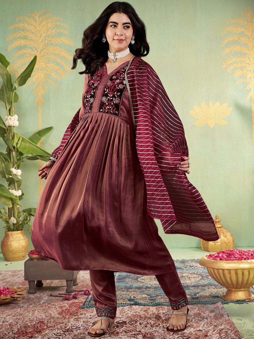 Sangria Floral Embroidered Pleated Sequinned V-Neck Anarkali Kurta With Trouser & Duputta, Maroon
Sangria Floral Embroidered Pleated Sequinned V-Neck Anarkali Kurta With Trouser & Duputta, Maroon