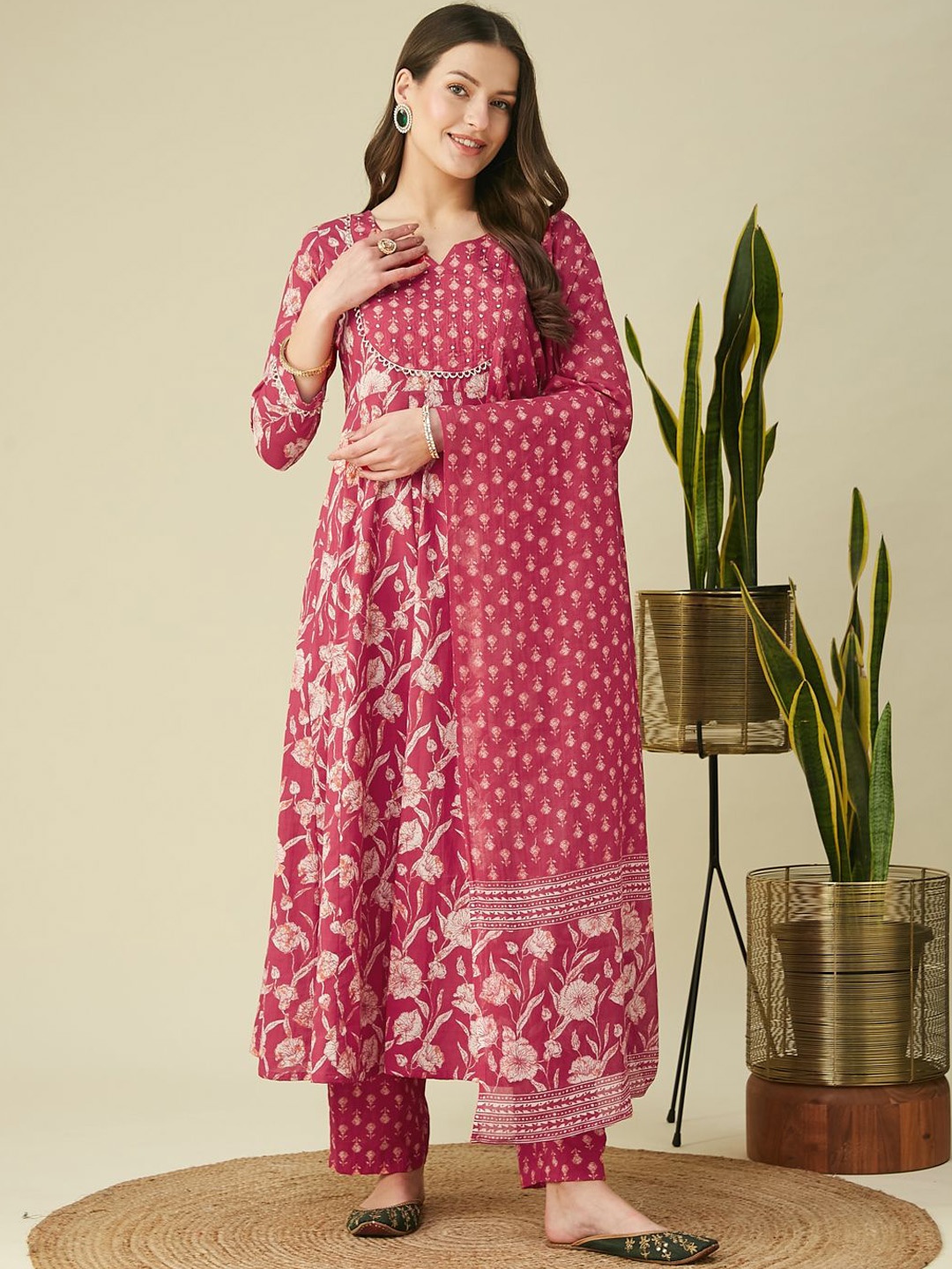 Colors of Earth Floral Printed Pleated Pure Cotton Anarkali Kurta With Trousers & Dupatta, Pink
Colors of Earth Floral Printed Pleated Pure Cotton Anarkali Kurta With Trousers & Dupatta, Pink