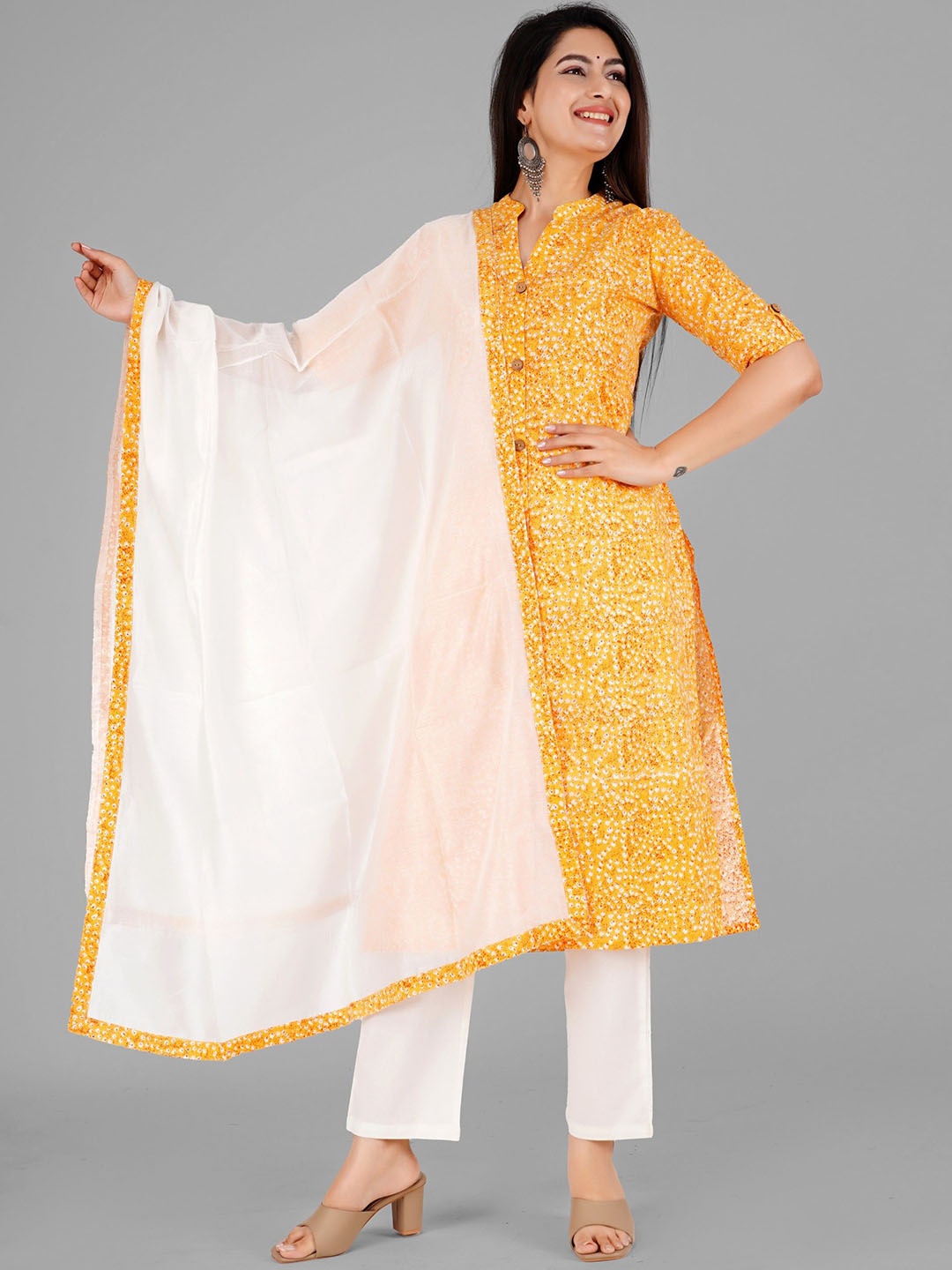 rf clothes Floral Printed Mandarin Collar Pure Cotton A-Line Kurta With Trouser & Dupatta, Yellow
rf clothes Floral Printed Mandarin Collar Pure Cotton A-Line Kurta With Trouser & Dupatta, Yellow