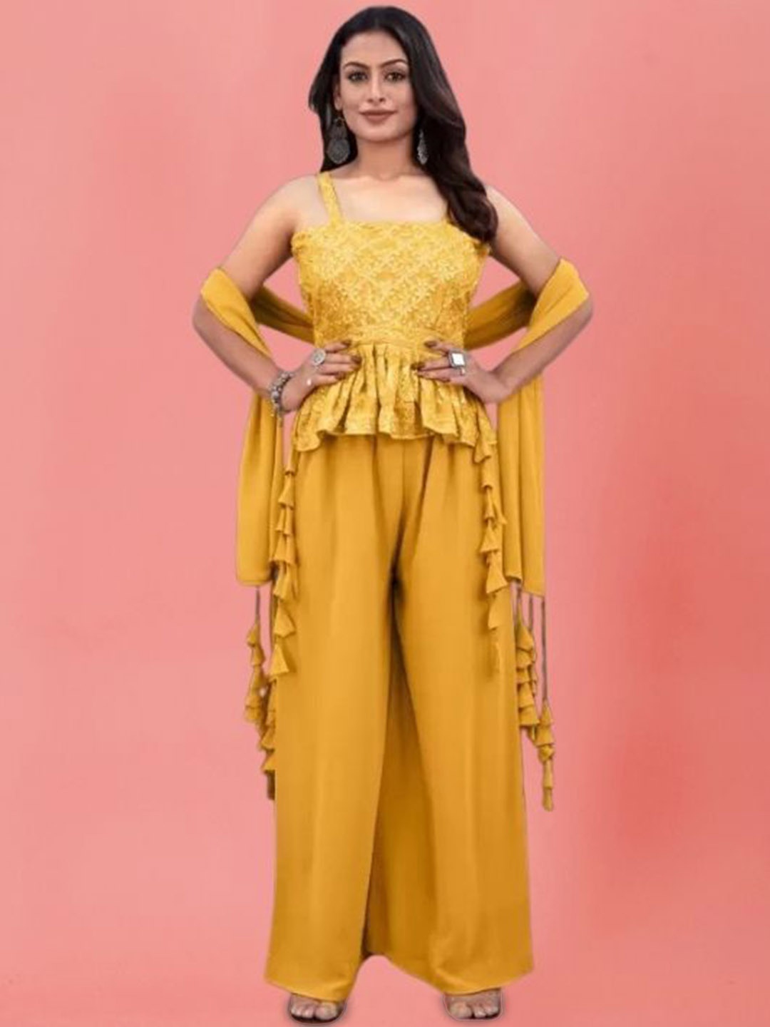 PARROT CREATION Floral Embroidered Sequinned Georgette Top With Palazzo And Dupatta, Yellow
PARROT CREATION Floral Embroidered Sequinned Georgette Top With Palazzo And Dupatta, Yellow