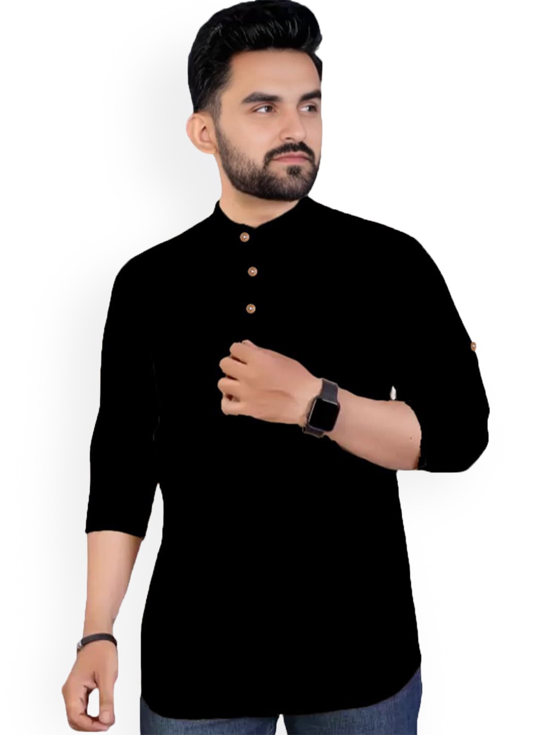 Vida Loca Band Collar Rolled-Up Sleeves Pure Cotton Slim Fit Straight Short Kurta, Black
Vida Loca Band Collar Rolled-Up Sleeves Pure Cotton Slim Fit Straight Short Kurta, Black