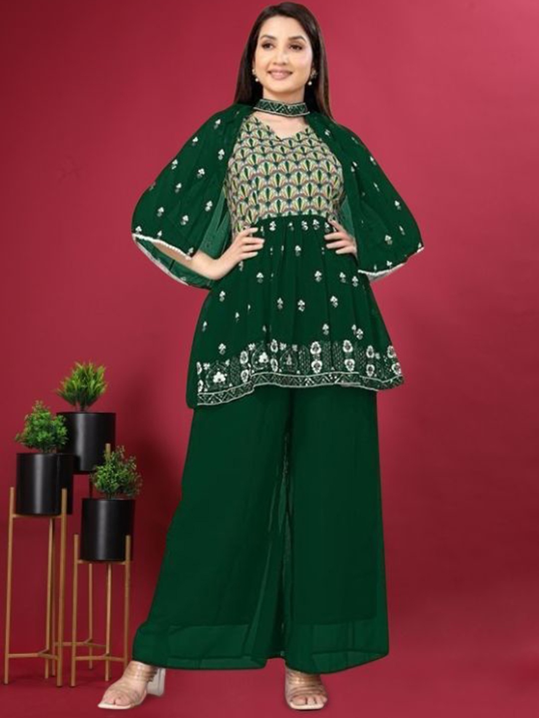 PARROT CREATION Floral Embroidered Georgette V-Neck Kurti With Palazzos & Jacket, Green
PARROT CREATION Floral Embroidered Georgette V-Neck Kurti With Palazzos & Jacket, Green