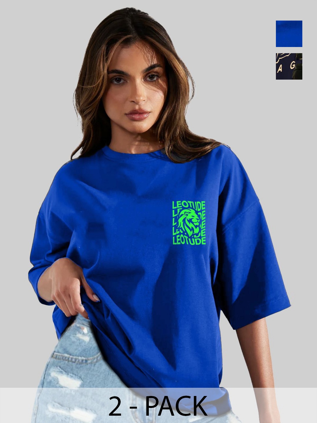 Leotude Women Pack Of 2 Typography Printed Round Neck Cotton Oversized T-shirts, Blue
Leotude Women Pack Of 2 Typography Printed Round Neck Cotton Oversized T-shirts, Blue