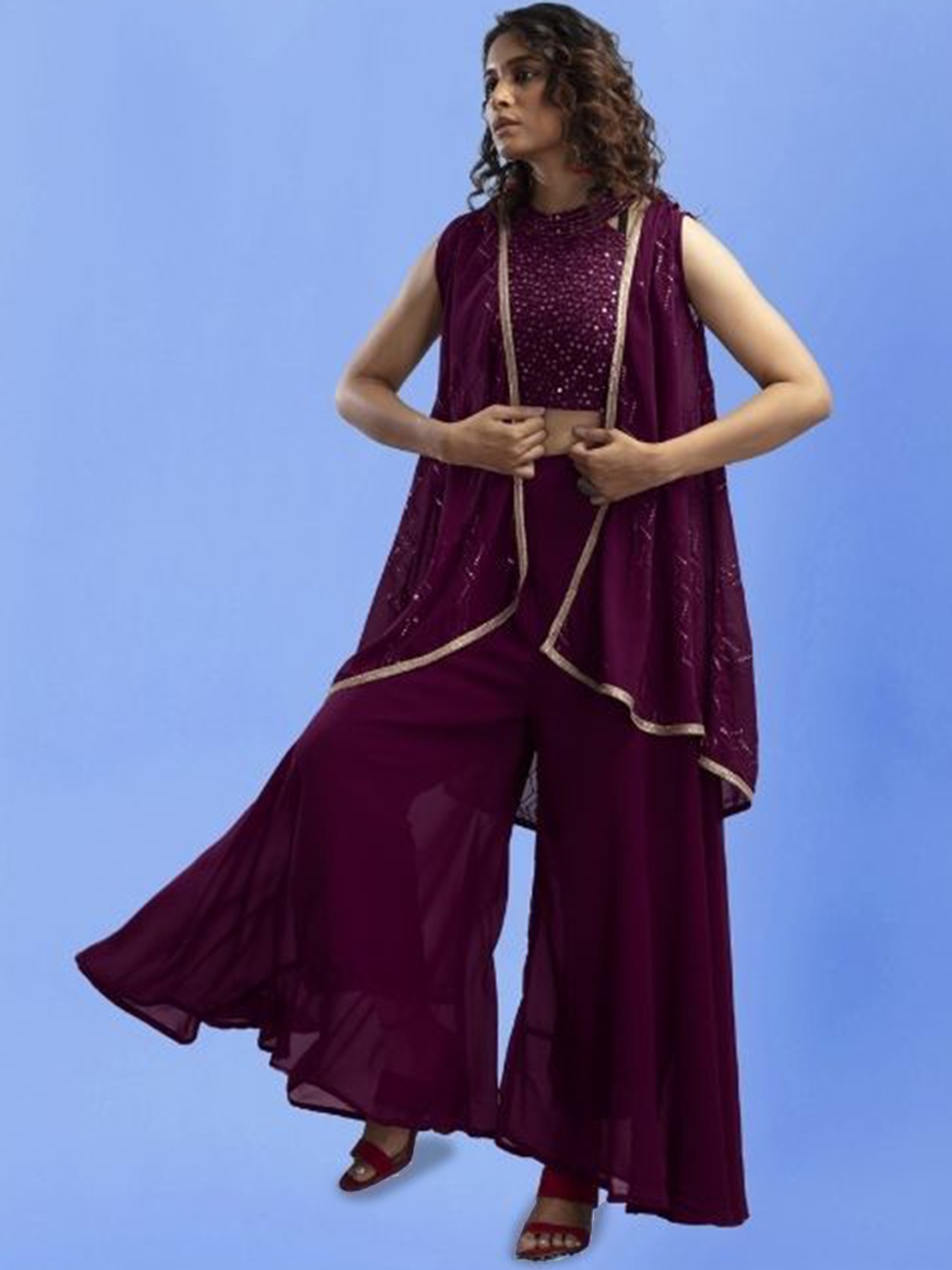 PARROT CREATION Sweta Embroidered Halter Neck Georgette Crop Top With Palazzos & Shrug, Purple
PARROT CREATION Sweta Embroidered Halter Neck Georgette Crop Top With Palazzos & Shrug, Purple