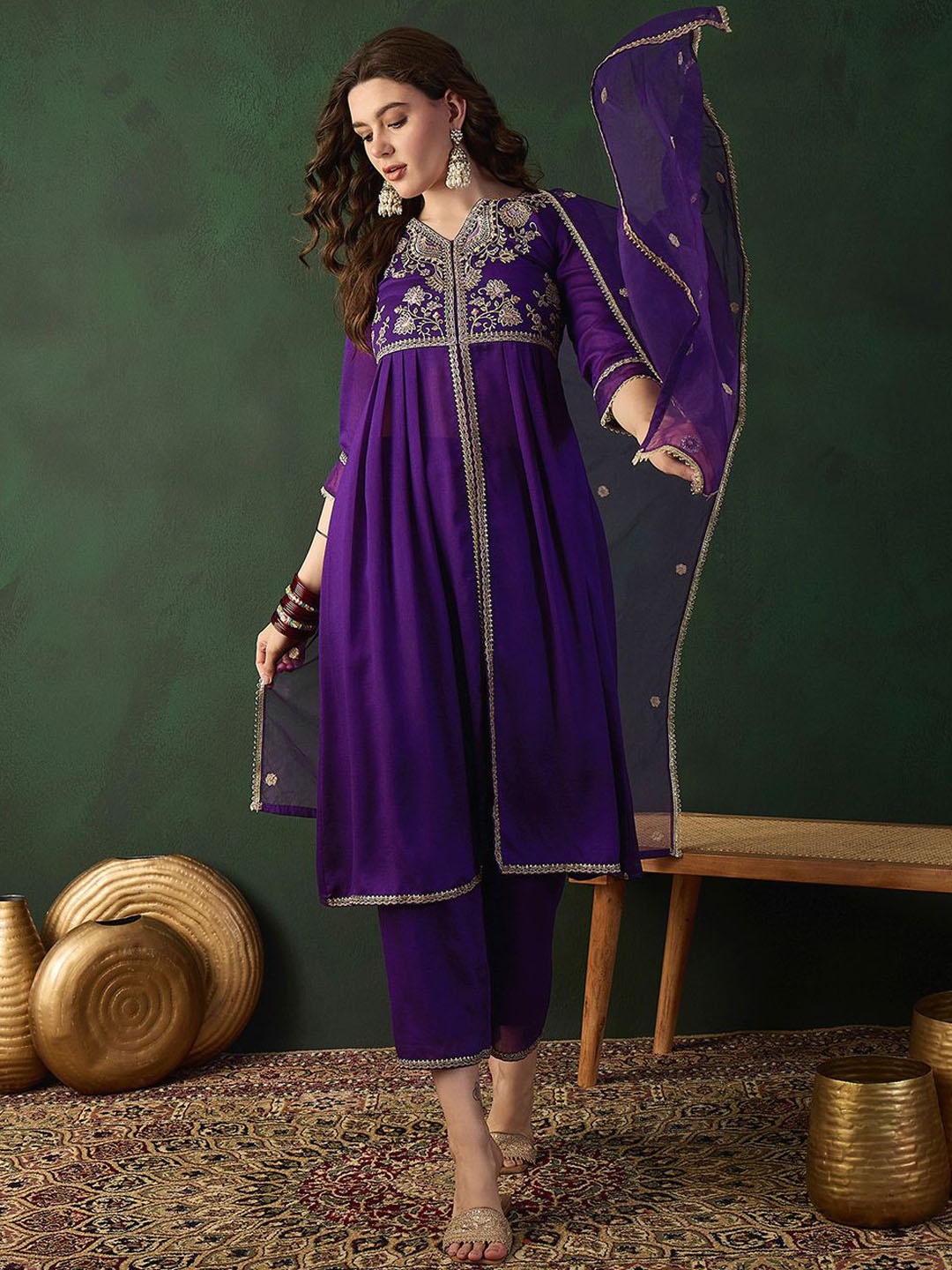 Sangria Floral Embroidered Zari Work V-Neck A-Line Kurta With Trouser & Duputta, Purple
Sangria Floral Embroidered Zari Work V-Neck A-Line Kurta With Trouser & Duputta, Purple