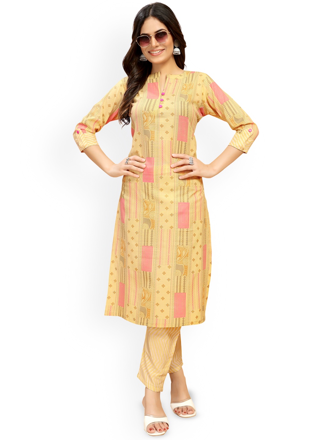 Moda Rapido Ethnic Motifs Printed Mandarin Collar Pure Cotton Straight Kurta With Trousers, Yellow
Moda Rapido Ethnic Motifs Printed Mandarin Collar Pure Cotton Straight Kurta With Trousers, Yellow