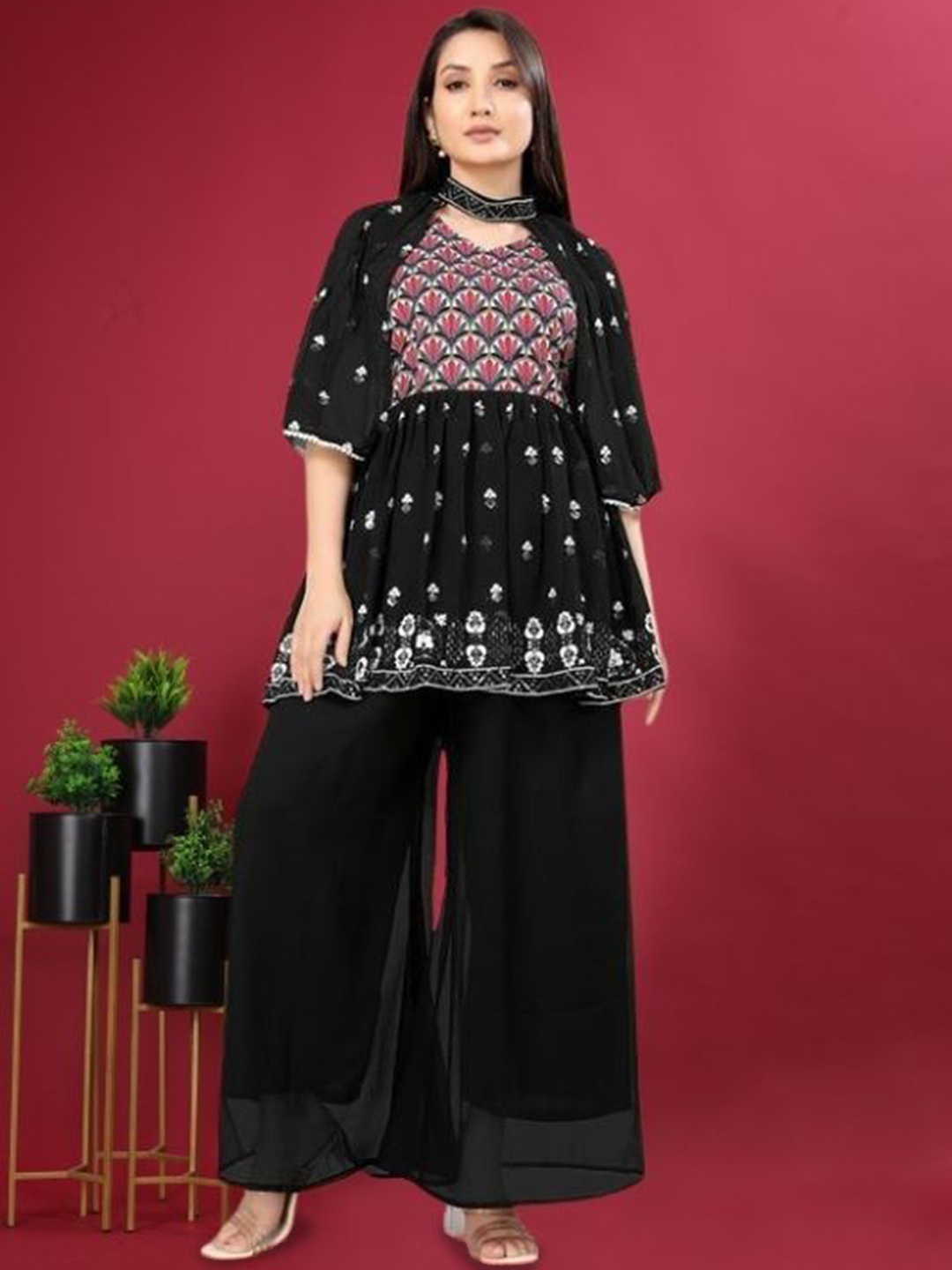 PARROT CREATION Floral Embroidered Pleated Georgette A-Line Kurti with Palazzos & Cape, Black
PARROT CREATION Floral Embroidered Pleated Georgette A-Line Kurti with Palazzos & Cape, Black