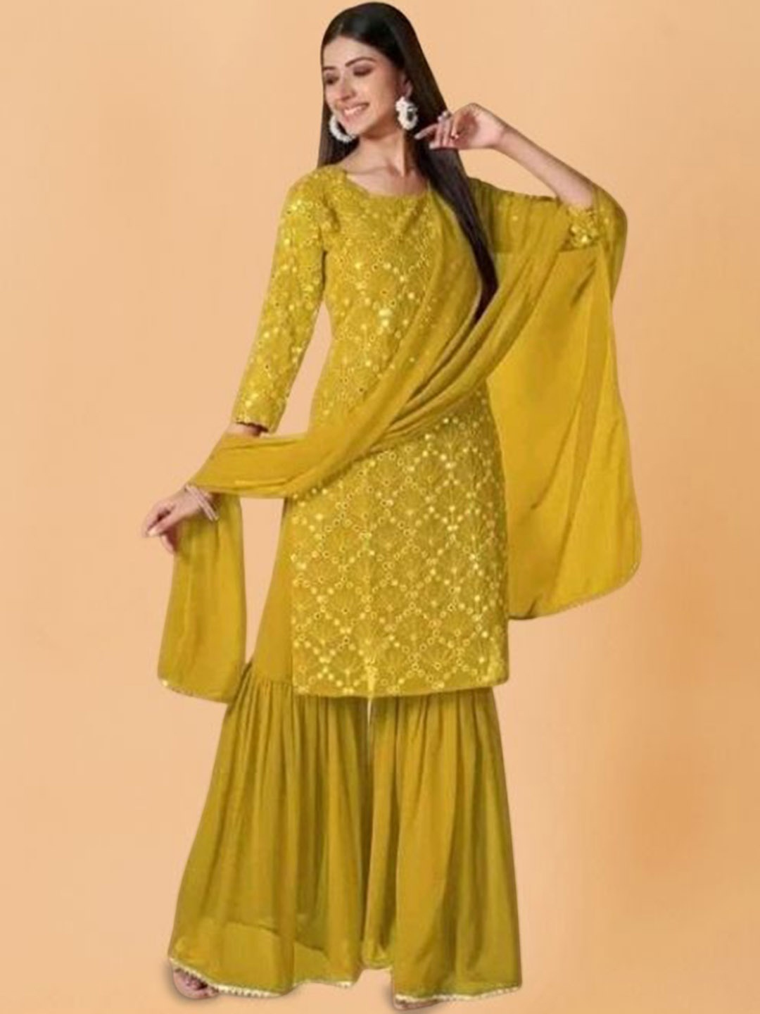 PARROT CREATION Geometric Embroidered Georgette Straight Kurta With Sharara And Dupatta, Yellow
PARROT CREATION Geometric Embroidered Georgette Straight Kurta With Sharara And Dupatta, Yellow